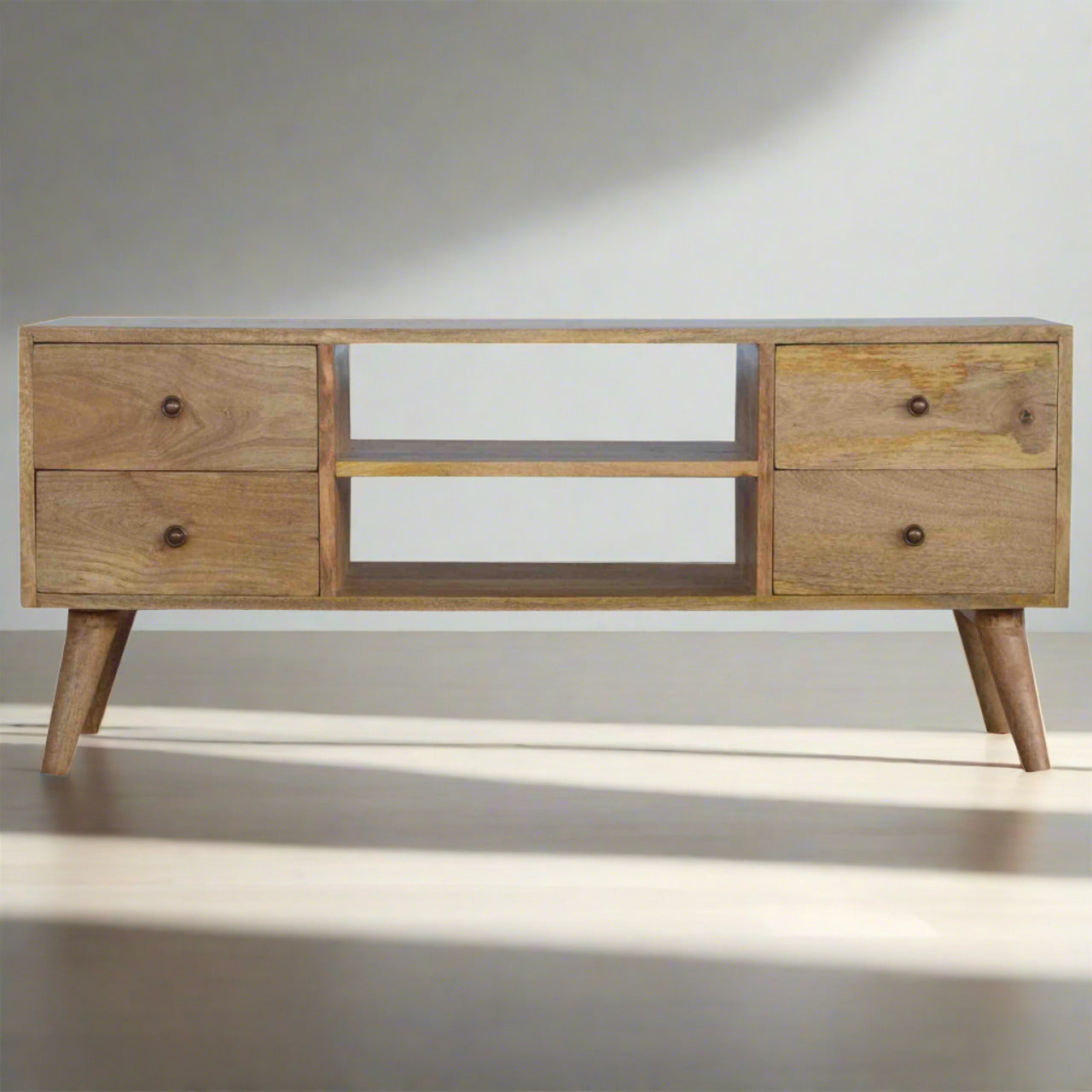 Nordic wooden TV stand with 4 drawers in rustic natural oak-ish finish | malletandplane.com