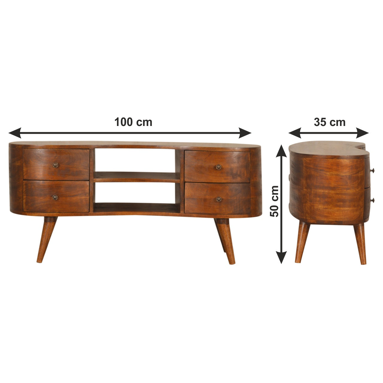 Brooklyn handmade TV Stand with curved details, 4 drawers and 2 open slots in deep chestnut finish - MalletandPlane.com