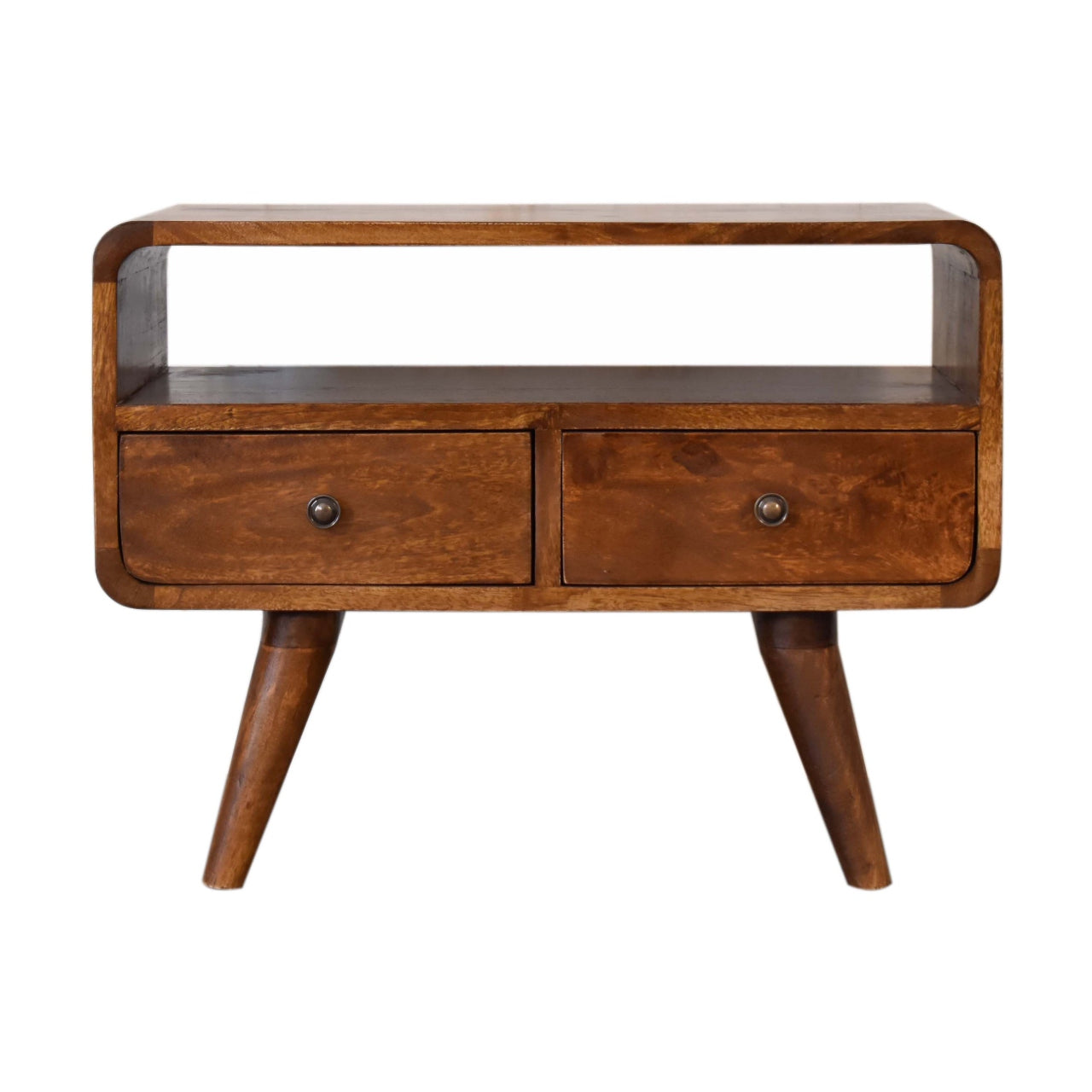 Century mini solid wood TV Stand with 2 drawers and open slot in Deep Chestnut Finish