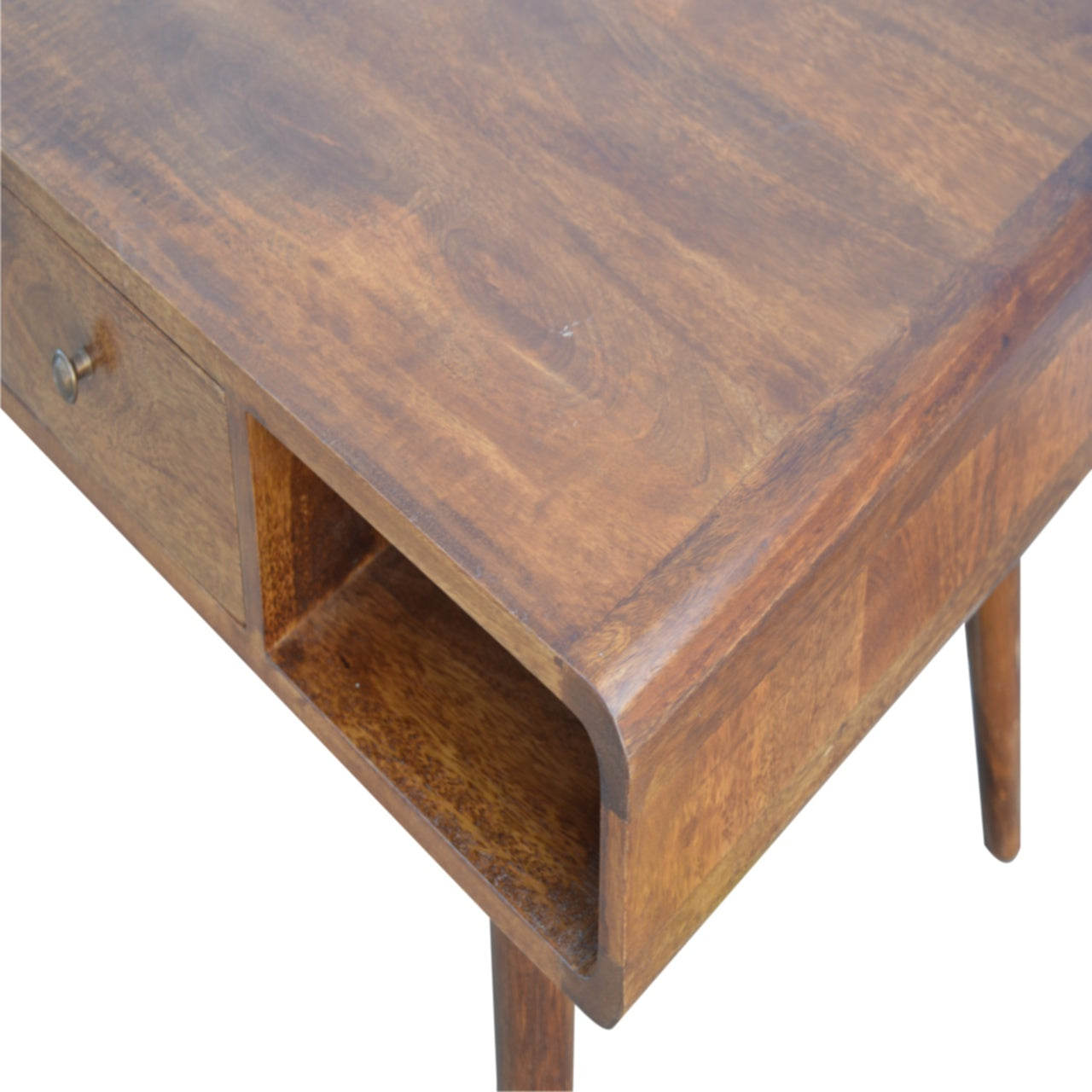 CENTURY Wood Coffee Table in deep chestnut finish with drawers and open storage slots | malletandplane.com