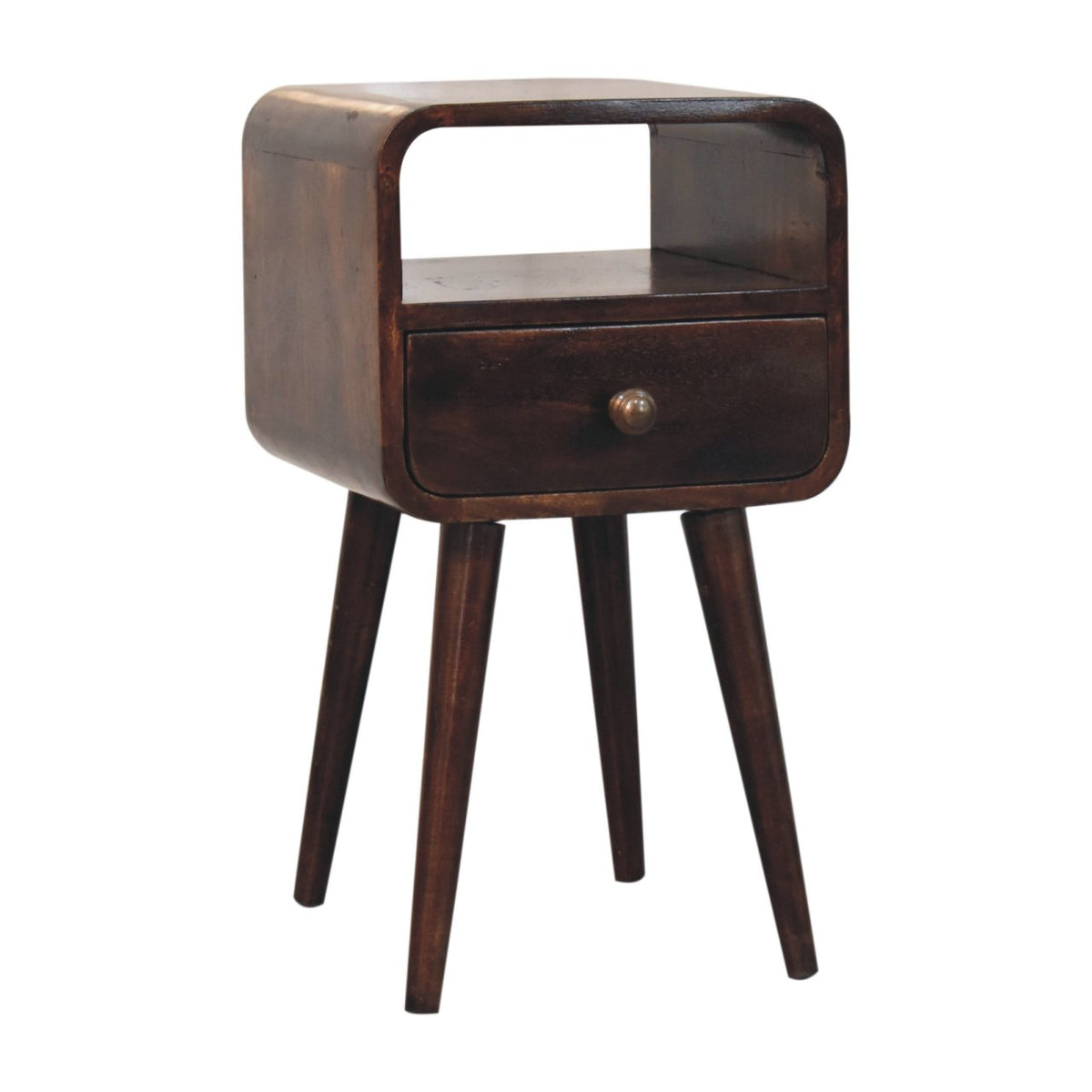 Mini California 30cm Walnut Curved Bedside Table – 1 Drawer & Open Shelf