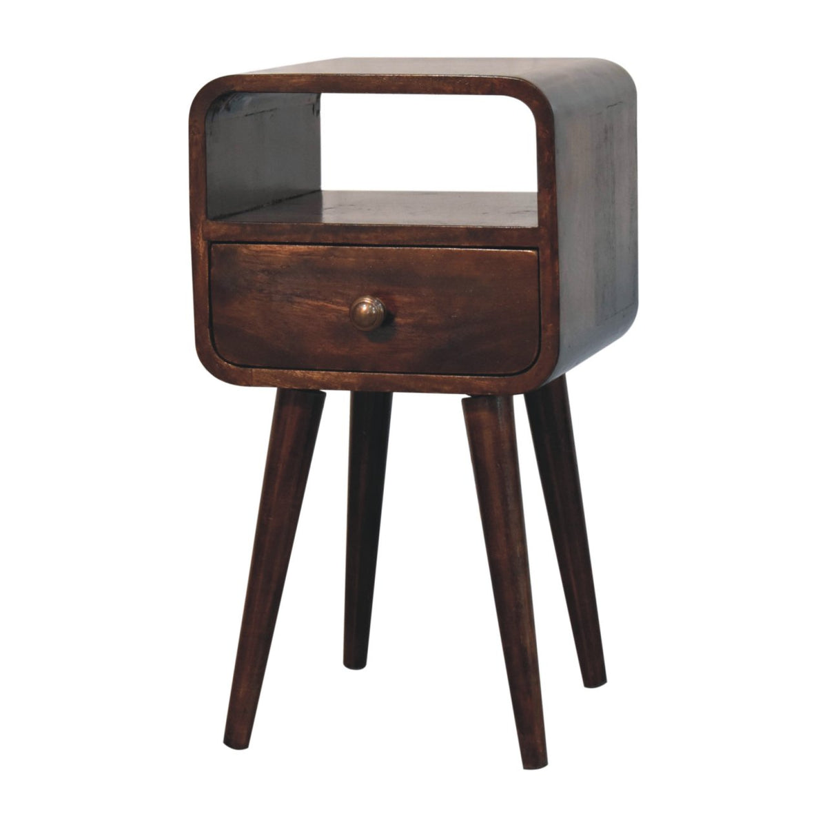 Mini California 30cm Walnut Curved Bedside Table – 1 Drawer & Open Shelf