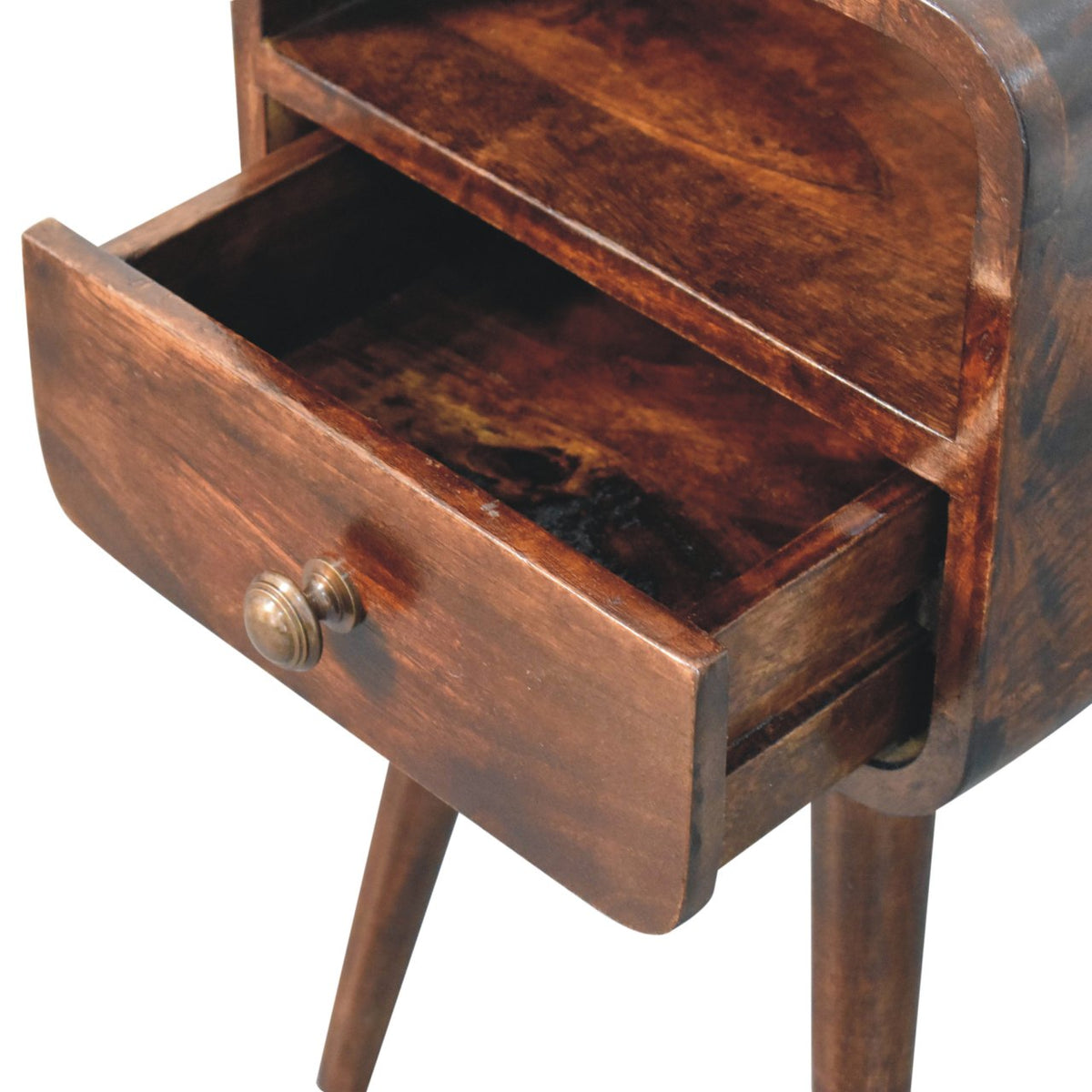 Mini California 30cm Walnut Curved Bedside Table – 1 Drawer & Open Shelf