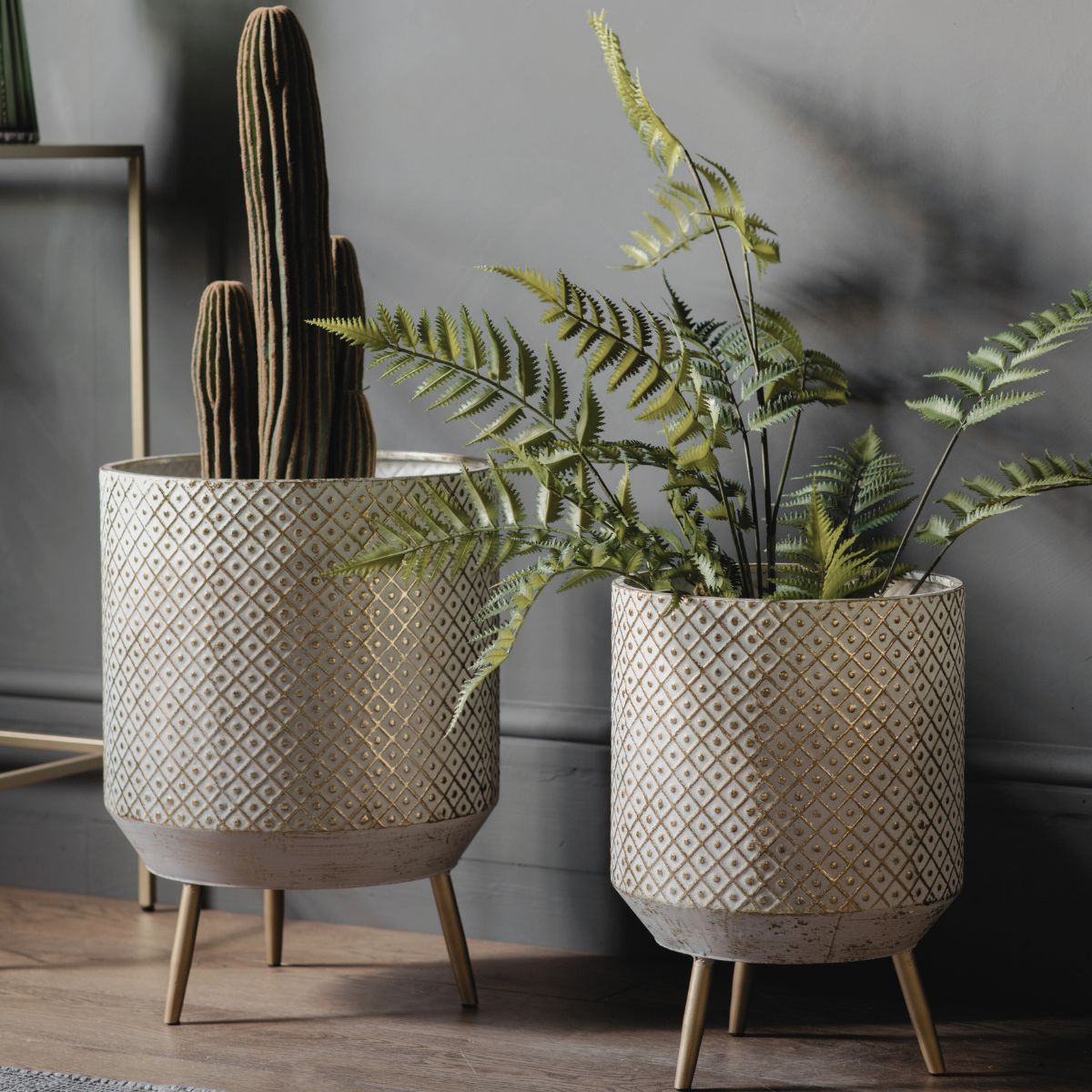 large metal plant pots uk ISLA Metal Planter Set of 2 – White & Gold Finish