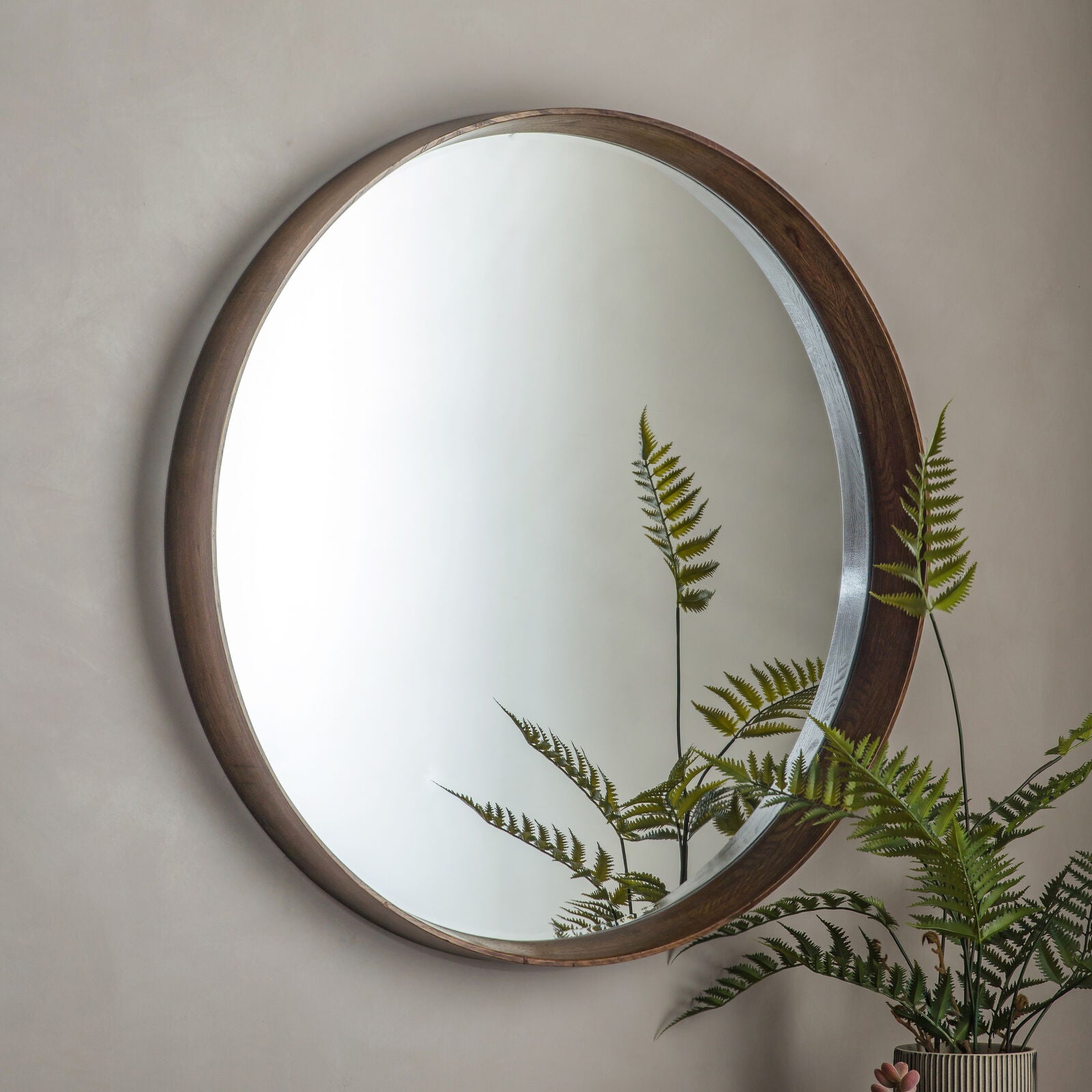 KEATON Large Walnut Round Mirror – Solid Wood Bevelled Frame | malletandplane.com