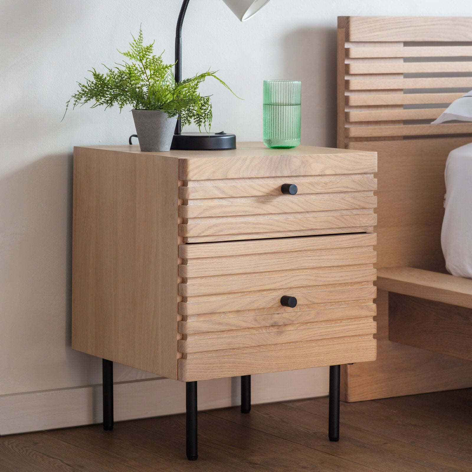 Kori 2 drawer Japandi style bedside table in natural oak finish | malletandplane.com