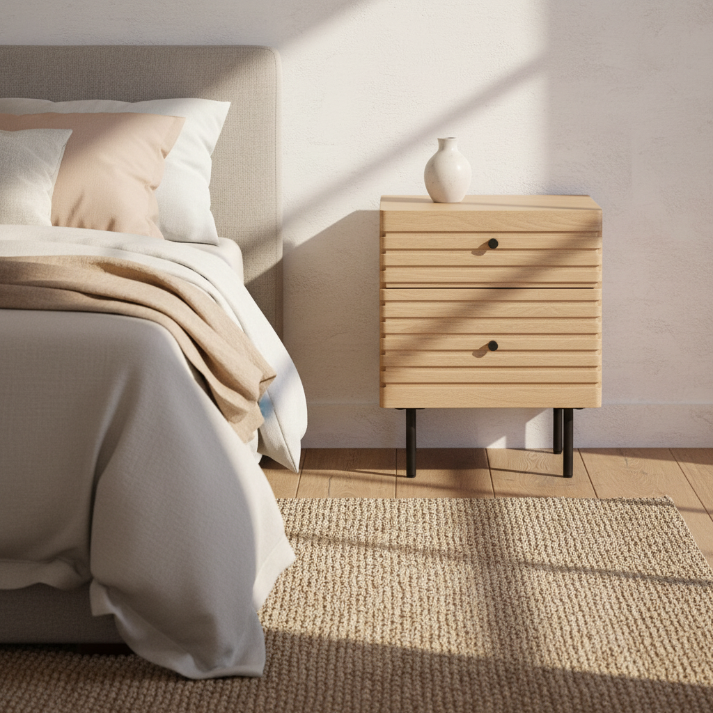 Kori 2 drawer Japandi style bedside table in natural oak finish | malletandplane.com