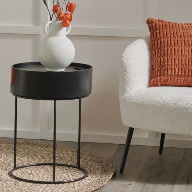 Leif Side Table – Black Wood Veneer & Metal Storage | Mallet & Plane