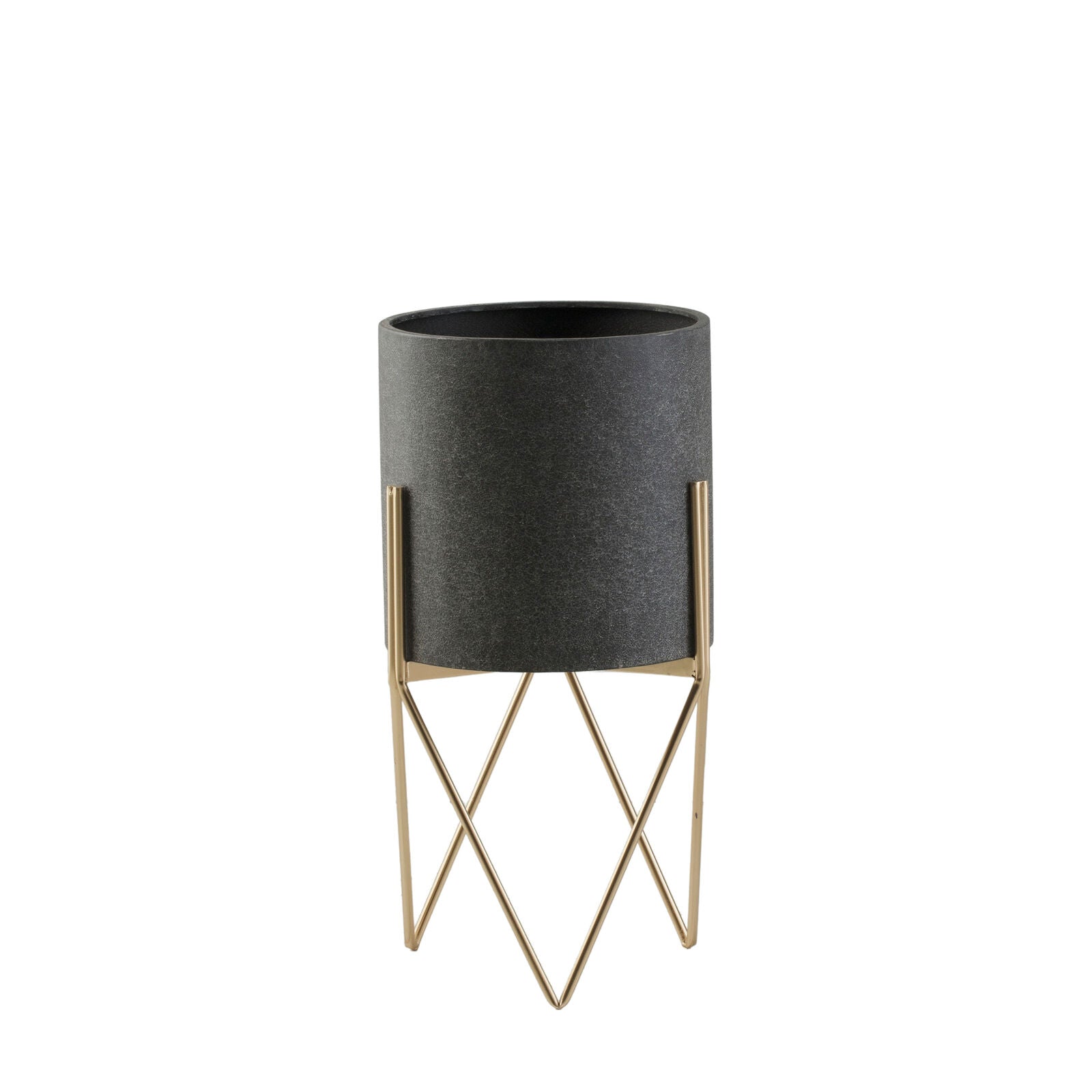 LUCA Small Metal Planter – Grey & Gold with Geometric Stand