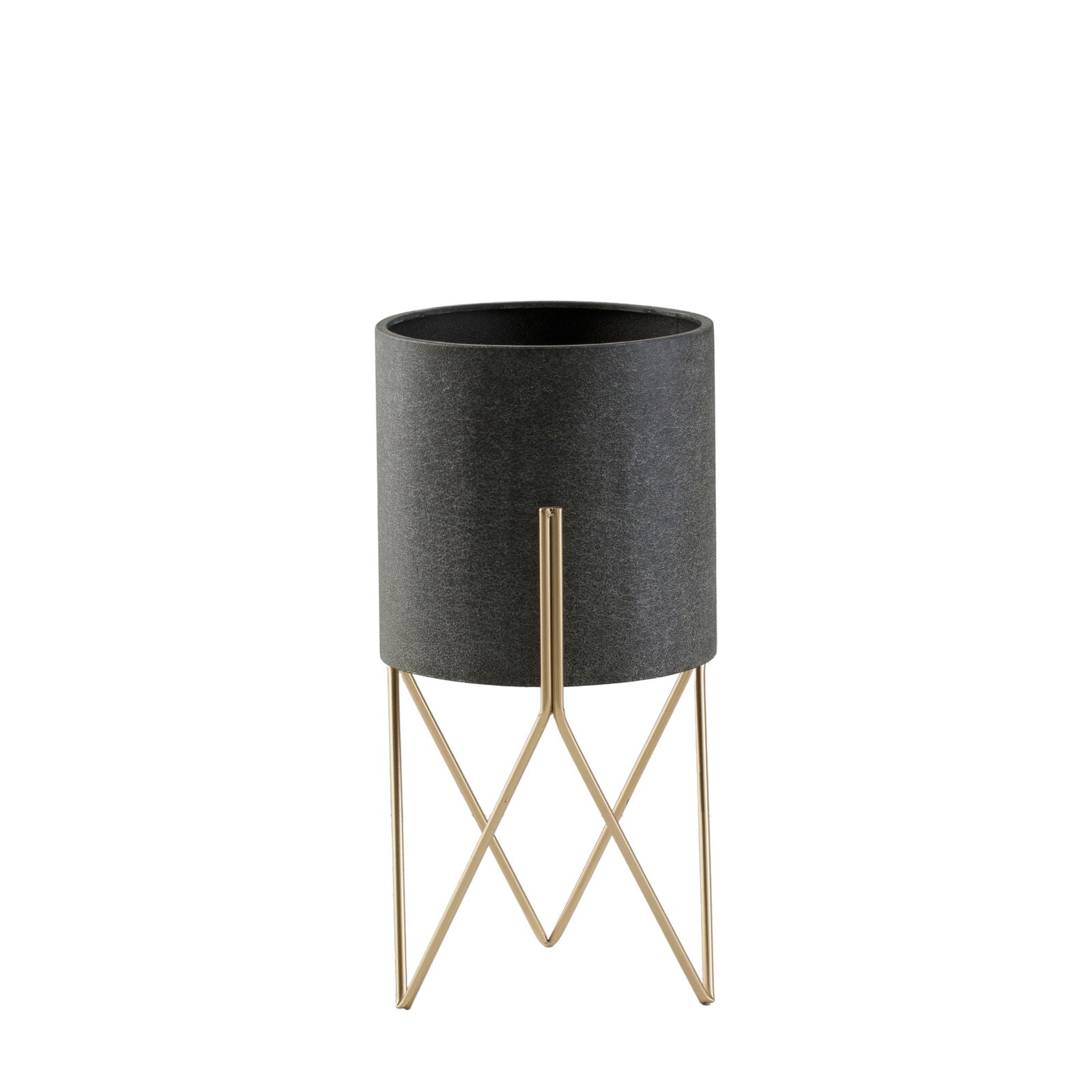 LUCA Large Metal Planter – Grey & Gold with Geometric Stand | malletandplane.com