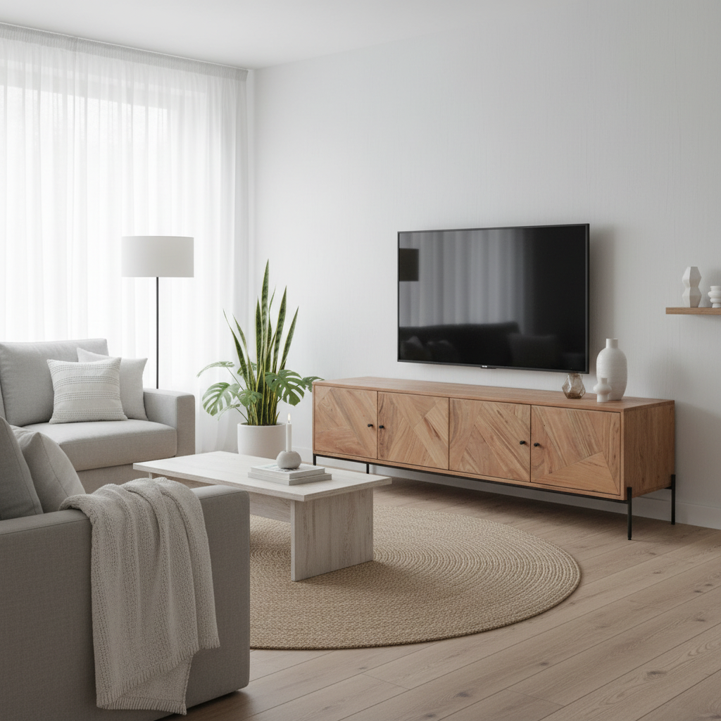 Lunde acacia wood media unit with four doors and black iron legs