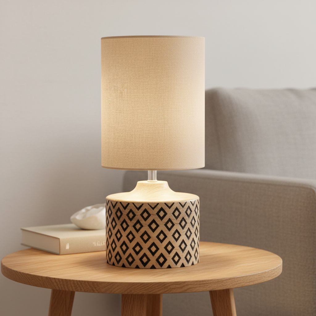 MAGNUS Diamond-Carved Wood Table Lamp – Tall Taupe Shade