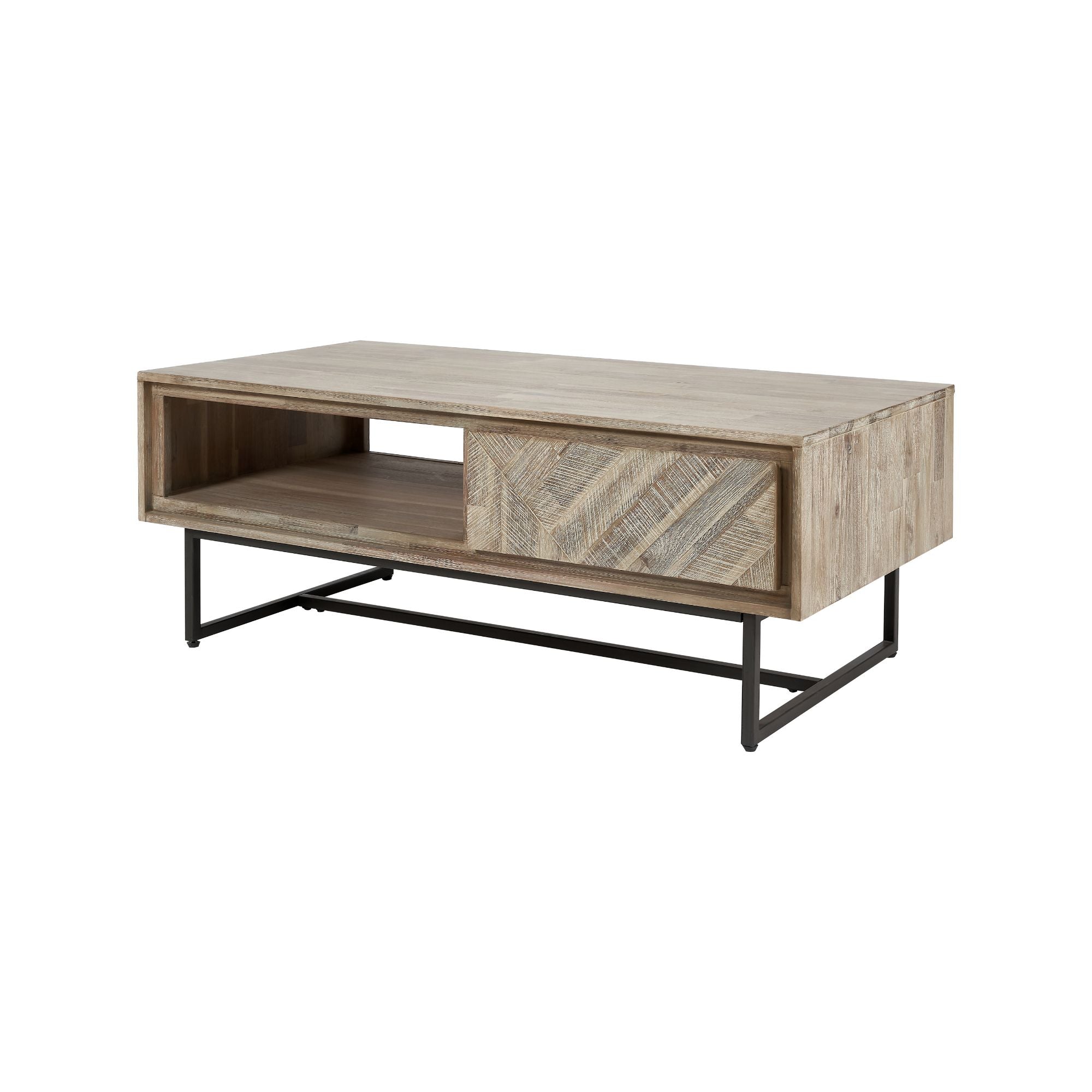 MARCA sand washed acacia wood coffee table with 2 drawers and open slot | malletandplane.com