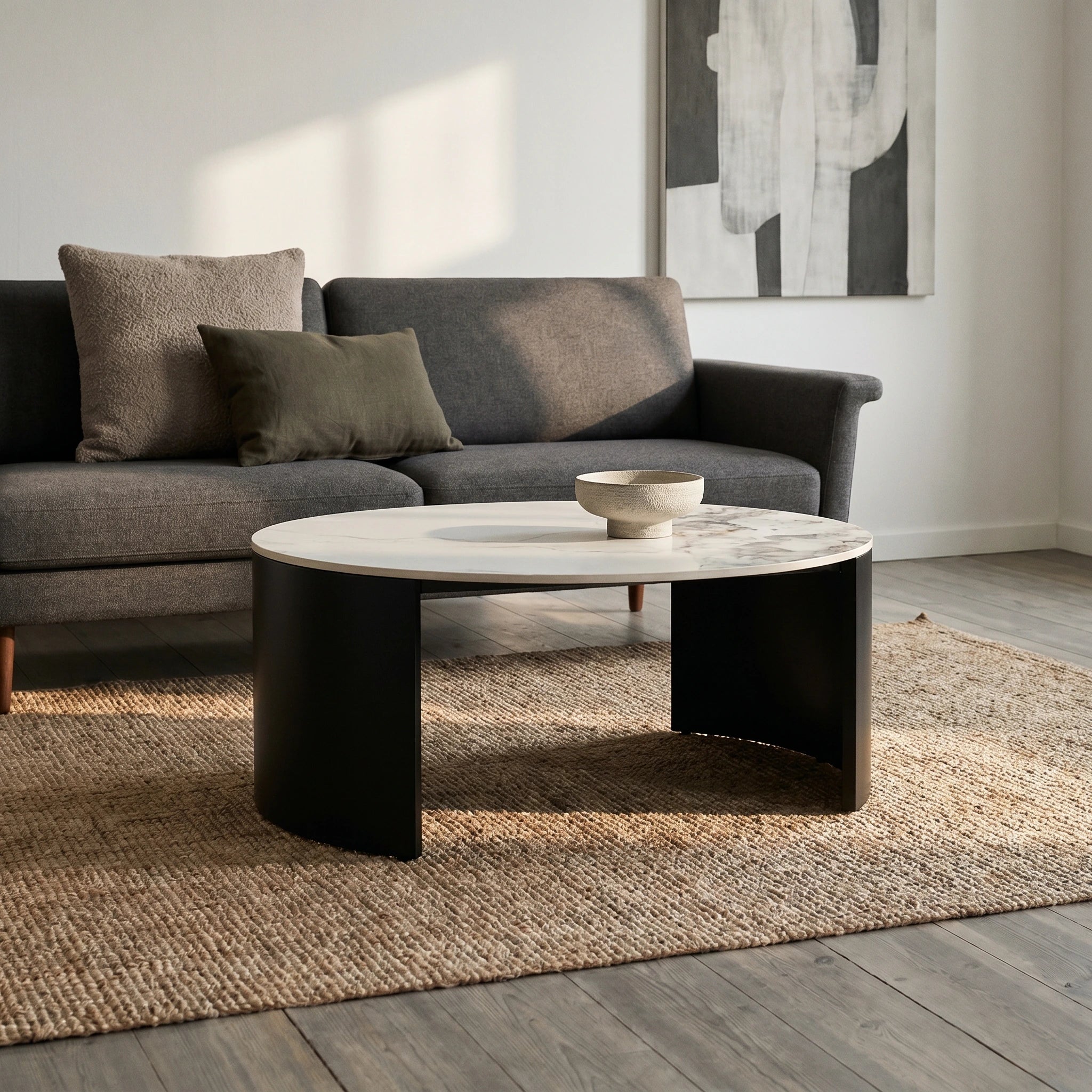 MARZIO Round Coffee Table – Stone Top & Black Base