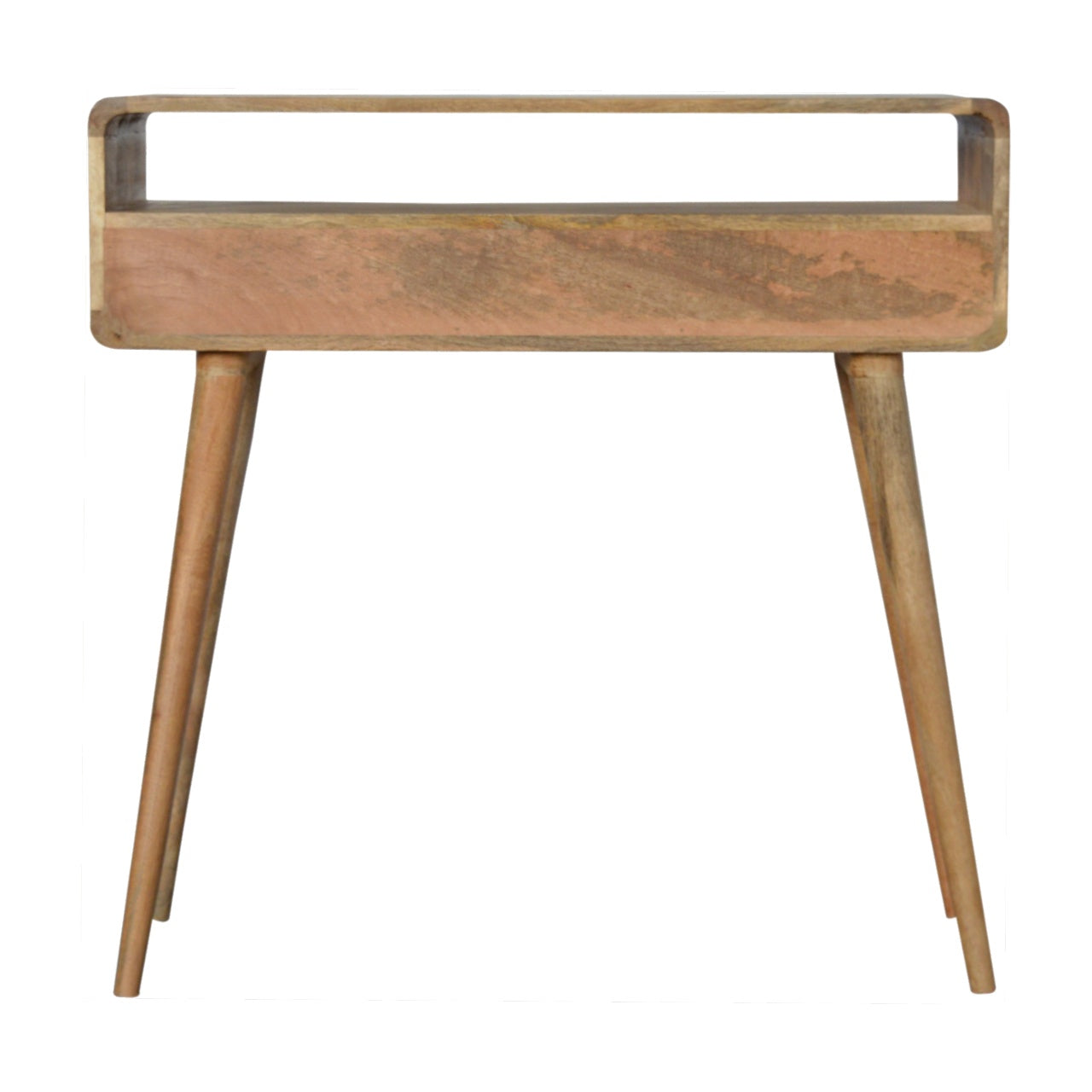 Modal handmade solid wood console table with drawers and open storage shelf in oak-ish finish | malletandplane.com