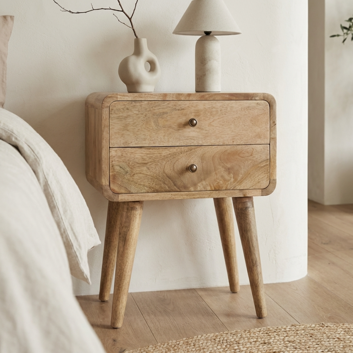 Modal solid wood bedside table with 2 drawers in a natural oak-ish finish