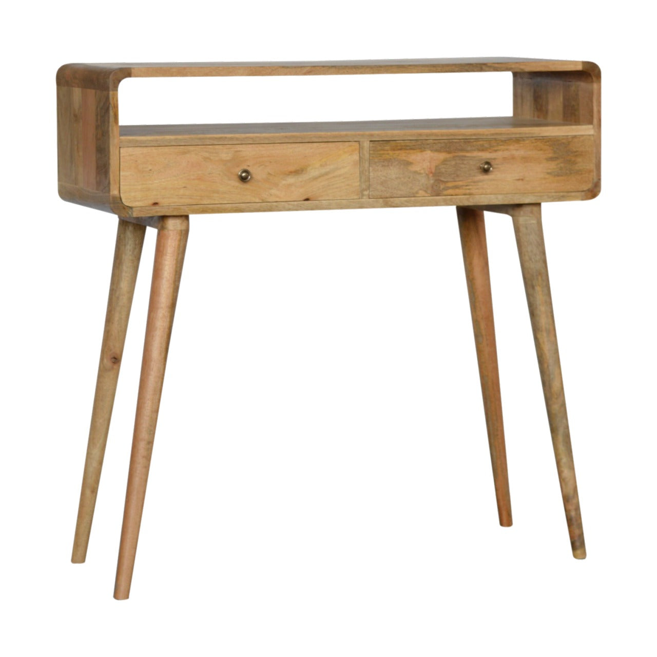 Modal handmade solid wood console table with drawers and open storage shelf in oak-ish finish