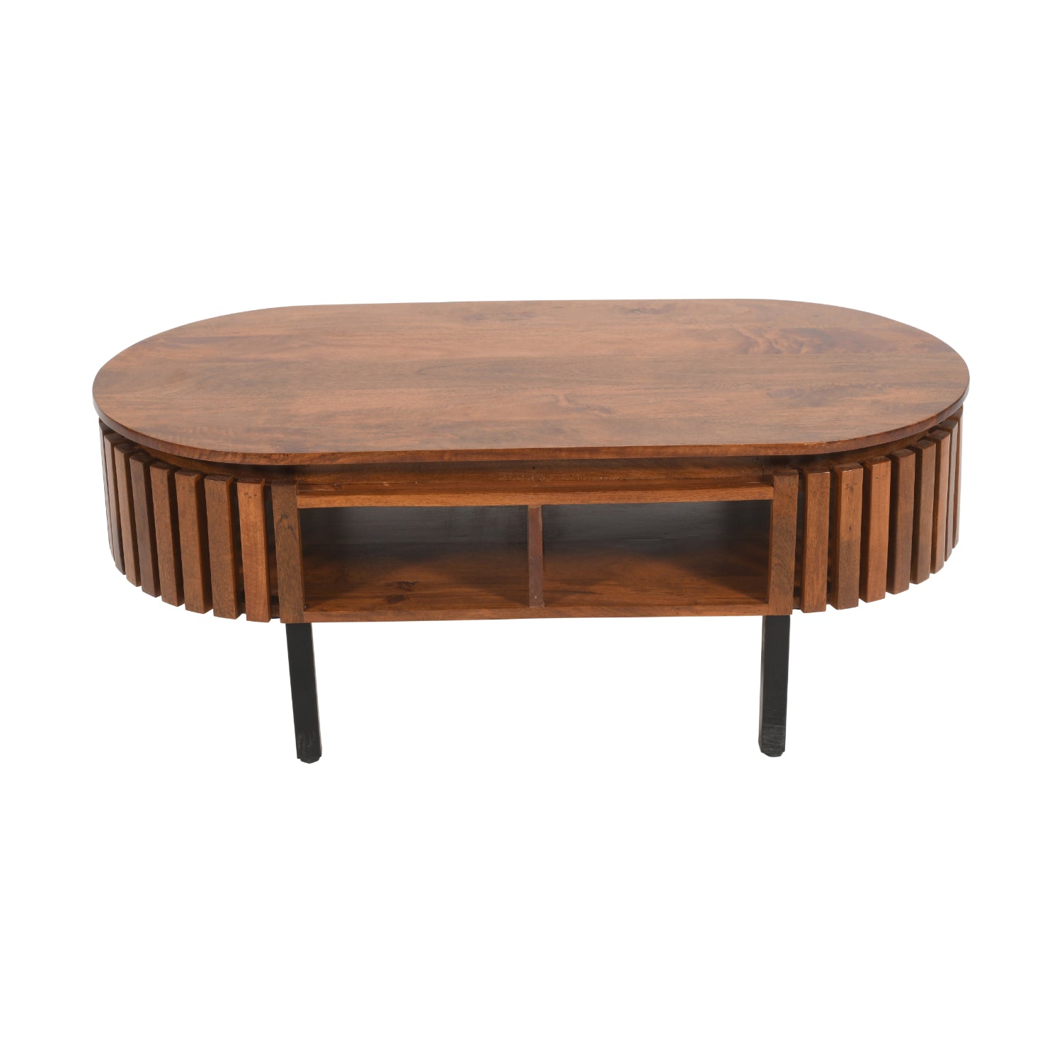 Bronte solid wood slatted coffee table with open shelf in warm walnut finish | malletandplane.com