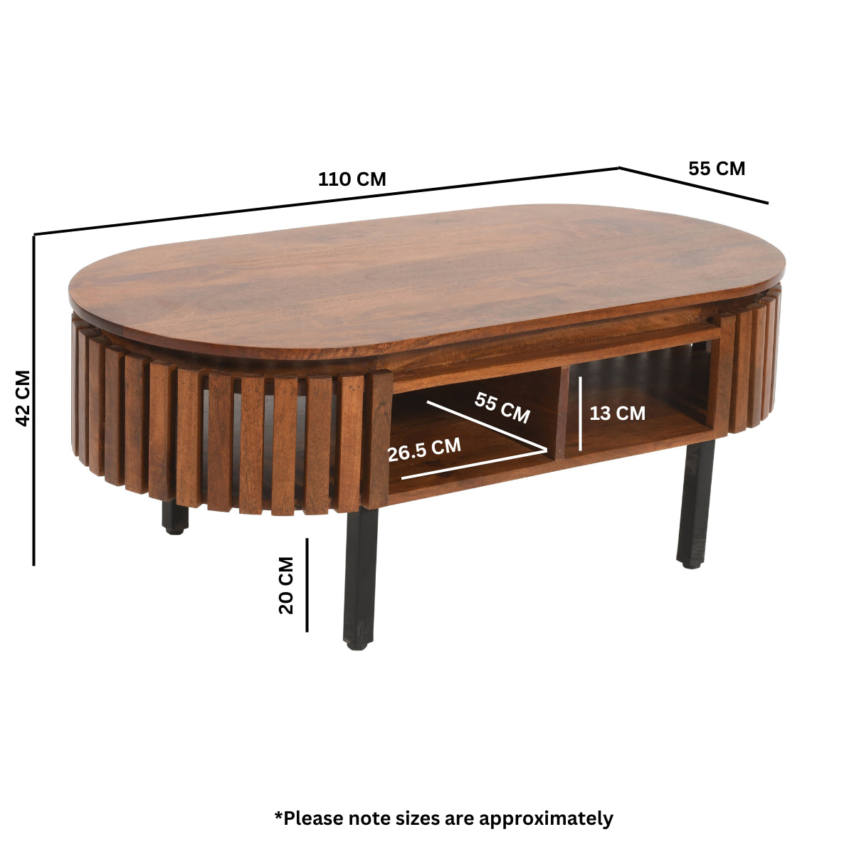 Bronte solid wood slatted coffee table with open shelf in warm walnut finish | malletandplane.com