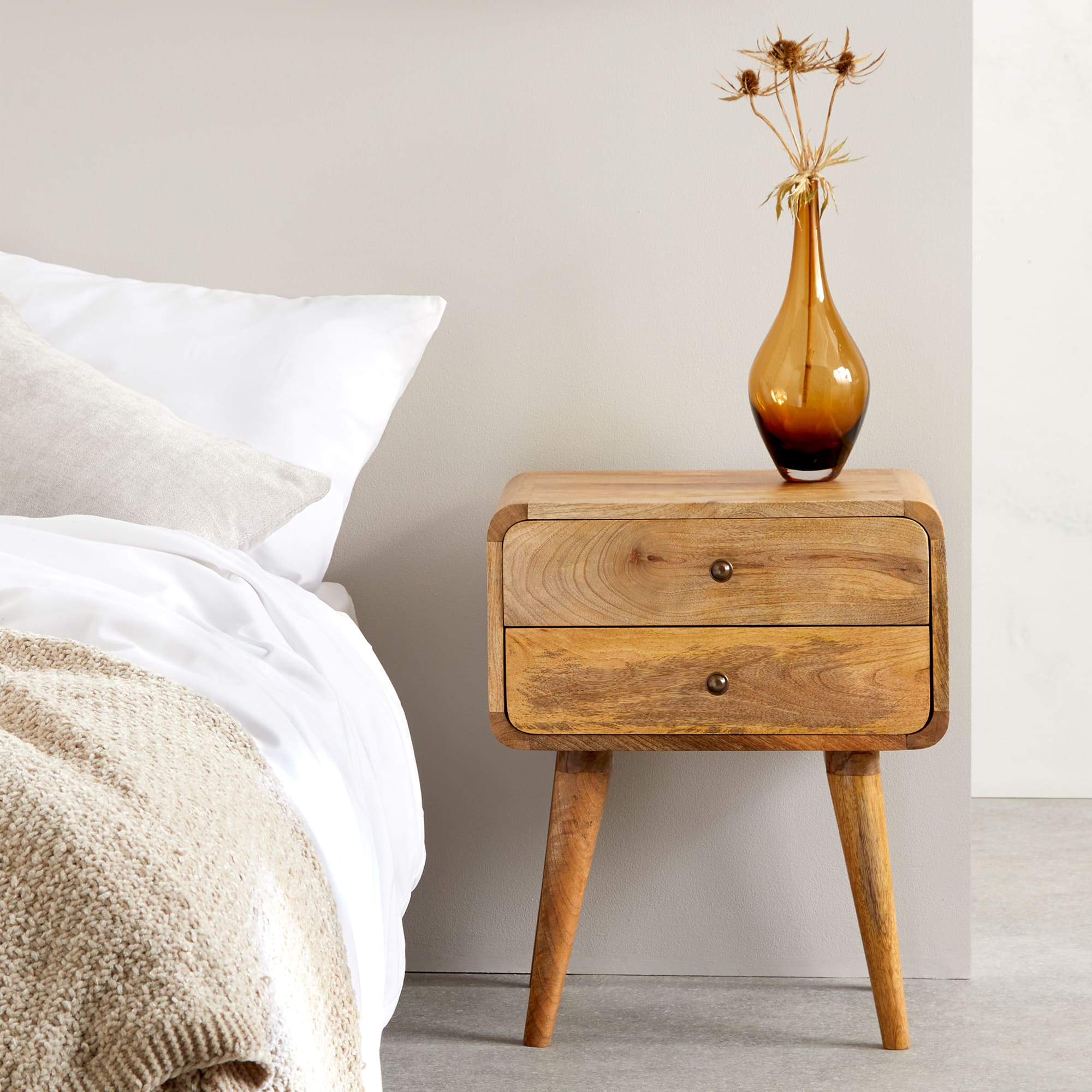 Modal solid wood bedside table with 2 drawers in a natural oak-ish finish | malletandplane.com