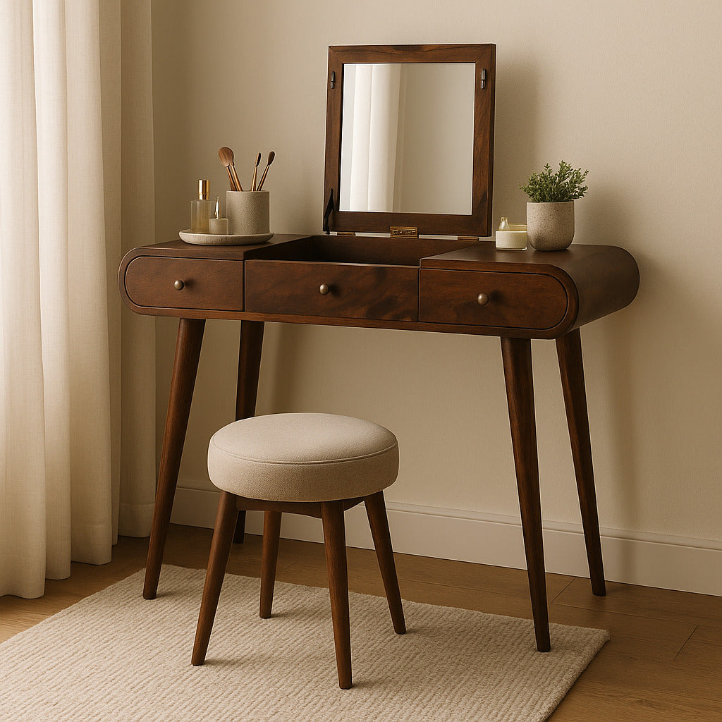 Newton handmade solid wood 3 drawer dressing table with foldable mirror in deep chestnut finish | malltandplane.com