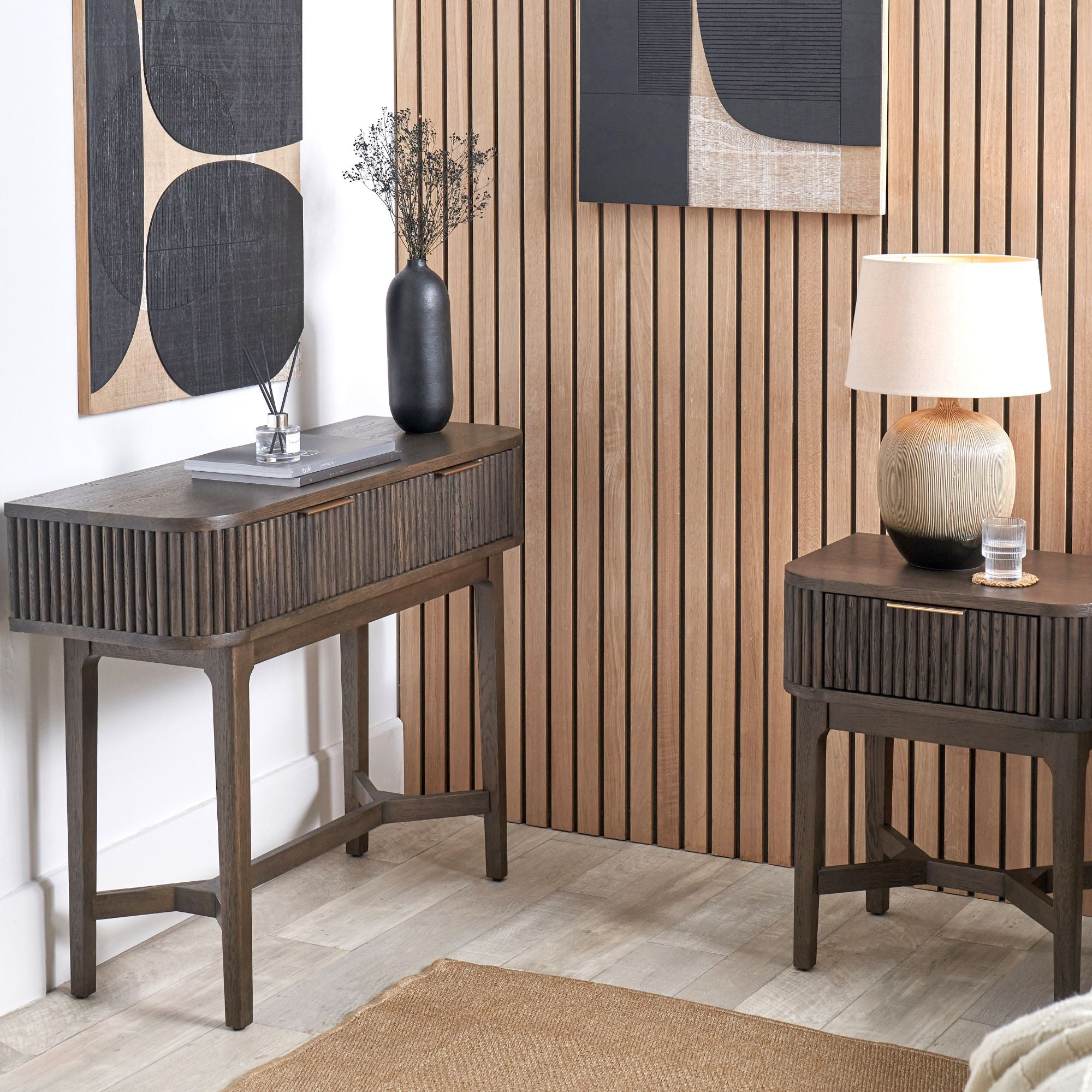 Norr 2 drawer console table in rich walnut finish | malletandplane.com