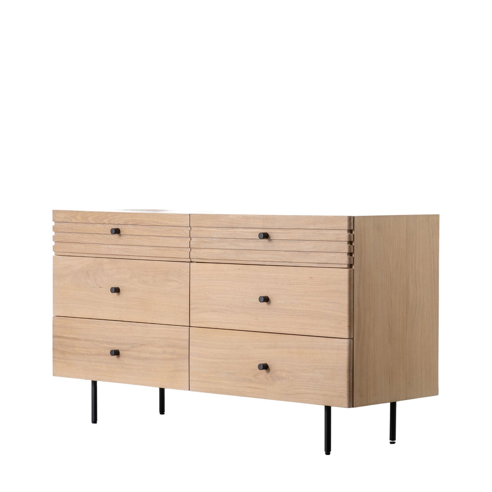 OKAYAMA natural oak chest of 6 Drawers with black metal legs and handles | malletandplane.com