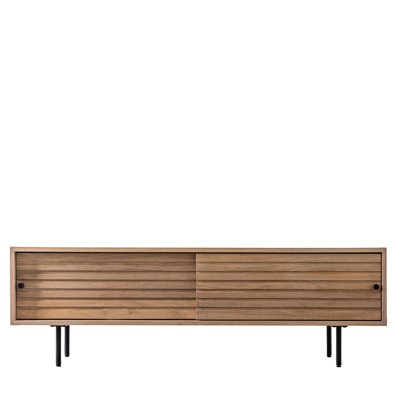 OKAYAMA oak and steel media unit with sliding doors and Japandi slatted detailing | malletandplane.com