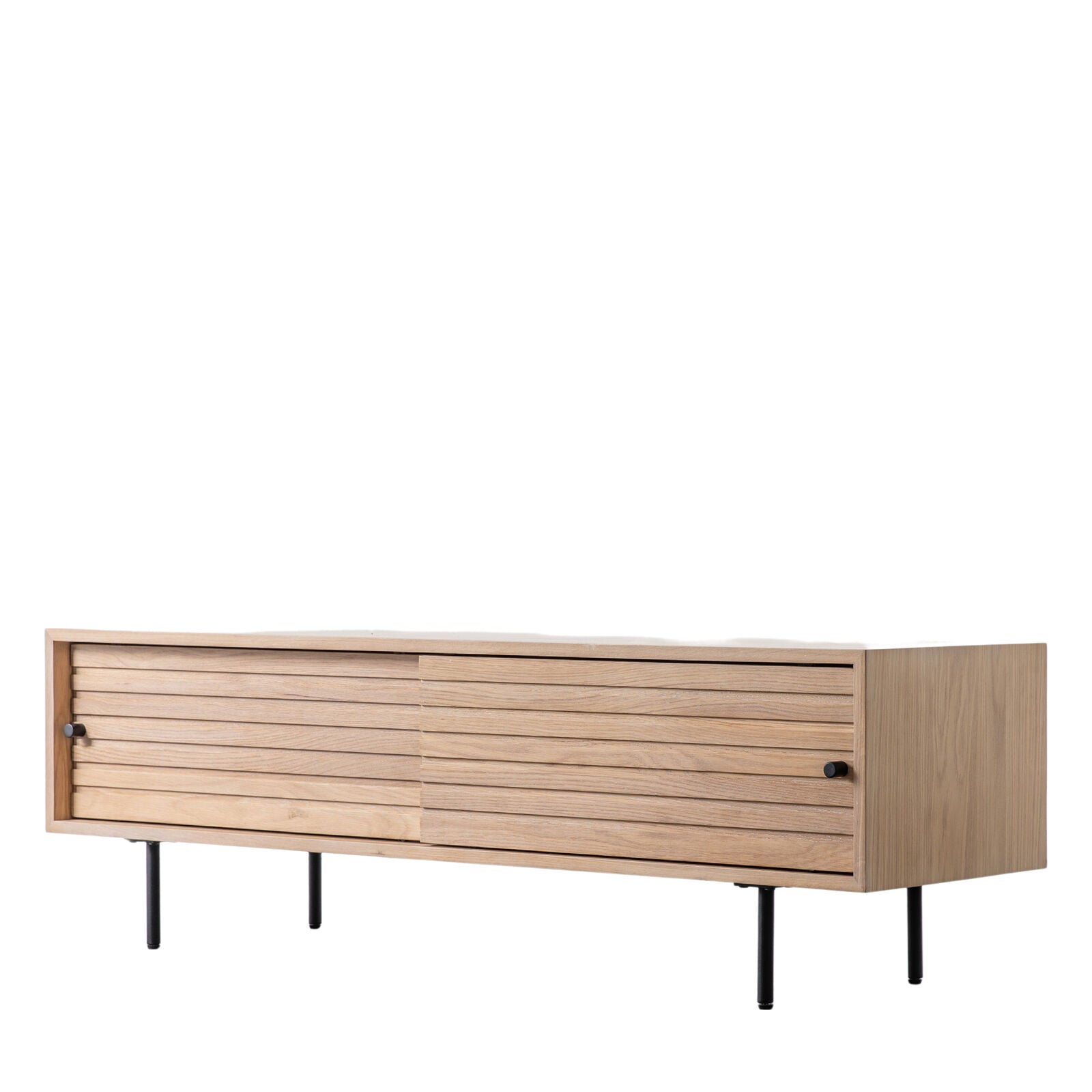 Kori oak and steel media unit with sliding doors and Japandi slatted detailing | malletandplane.com