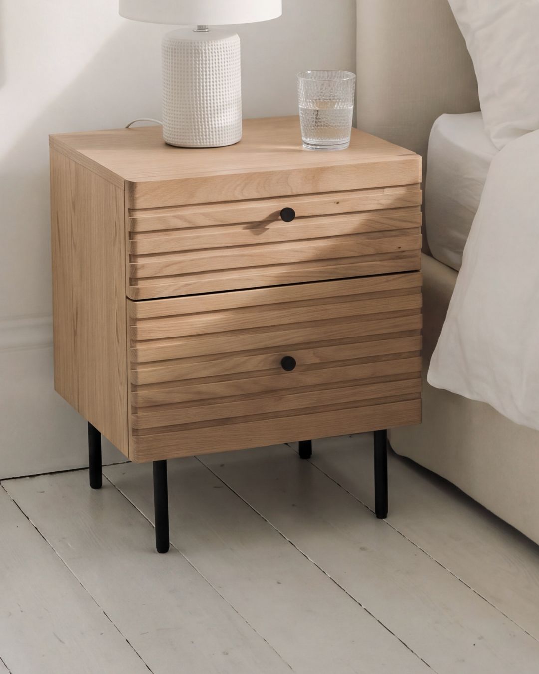 OKAYAMA 2 drawer Japandi style bedside table in natural oak finish