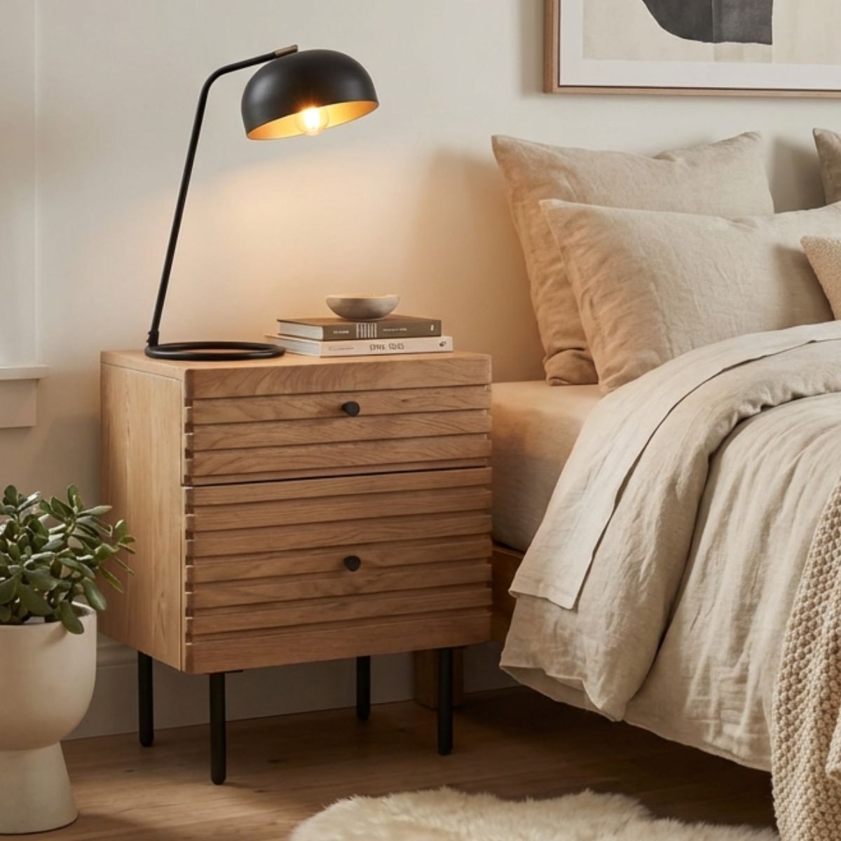 OKAYAMA 2 drawer Japandi style bedside table in natural oak finish