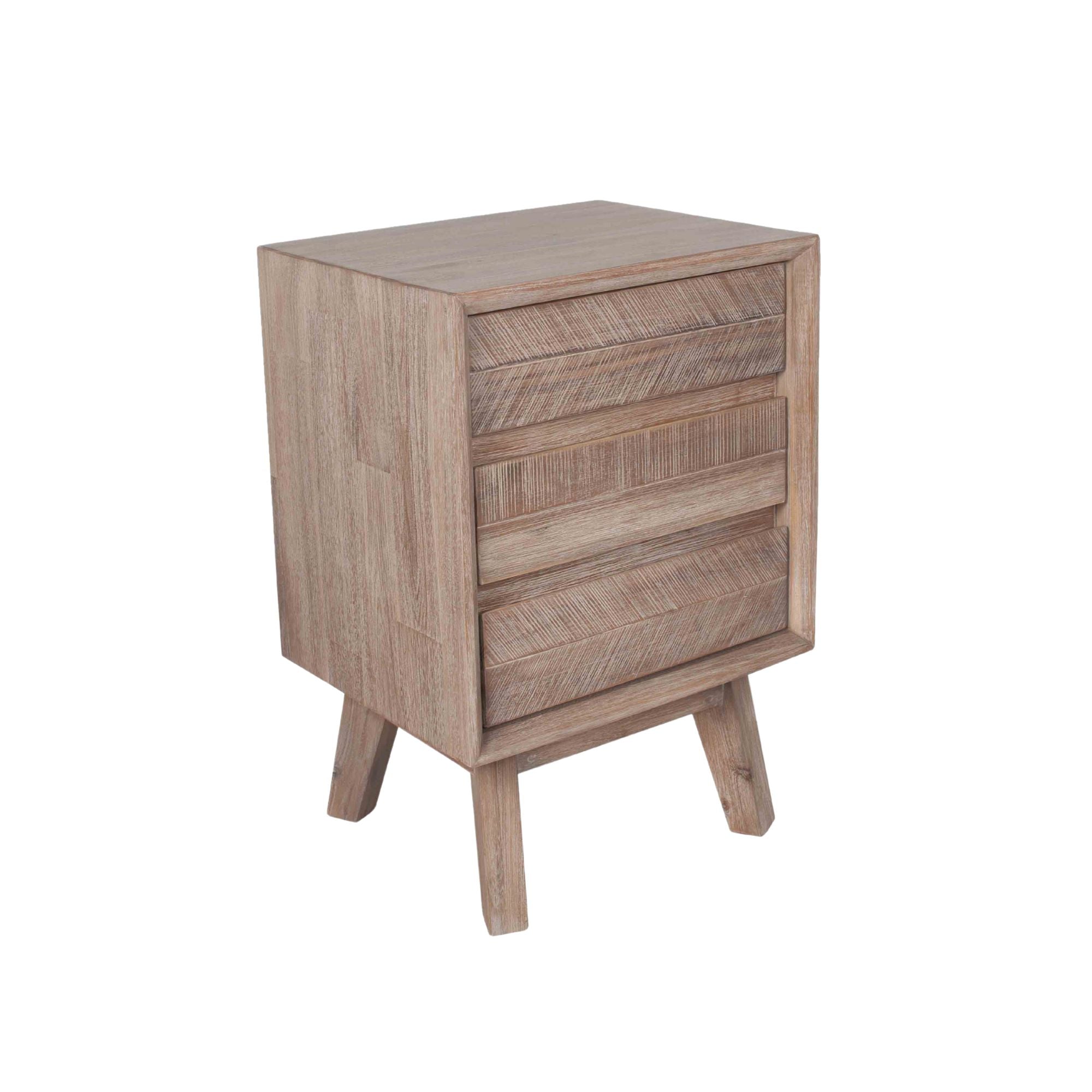 Orsa sand washed acacia wood 3 drawer bedside table | malletandplane.com