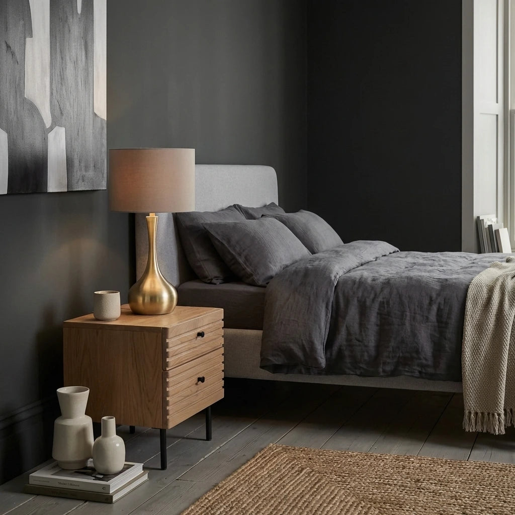 Brass Bedside Table Lamp – Piccadilly – Taupe Shade