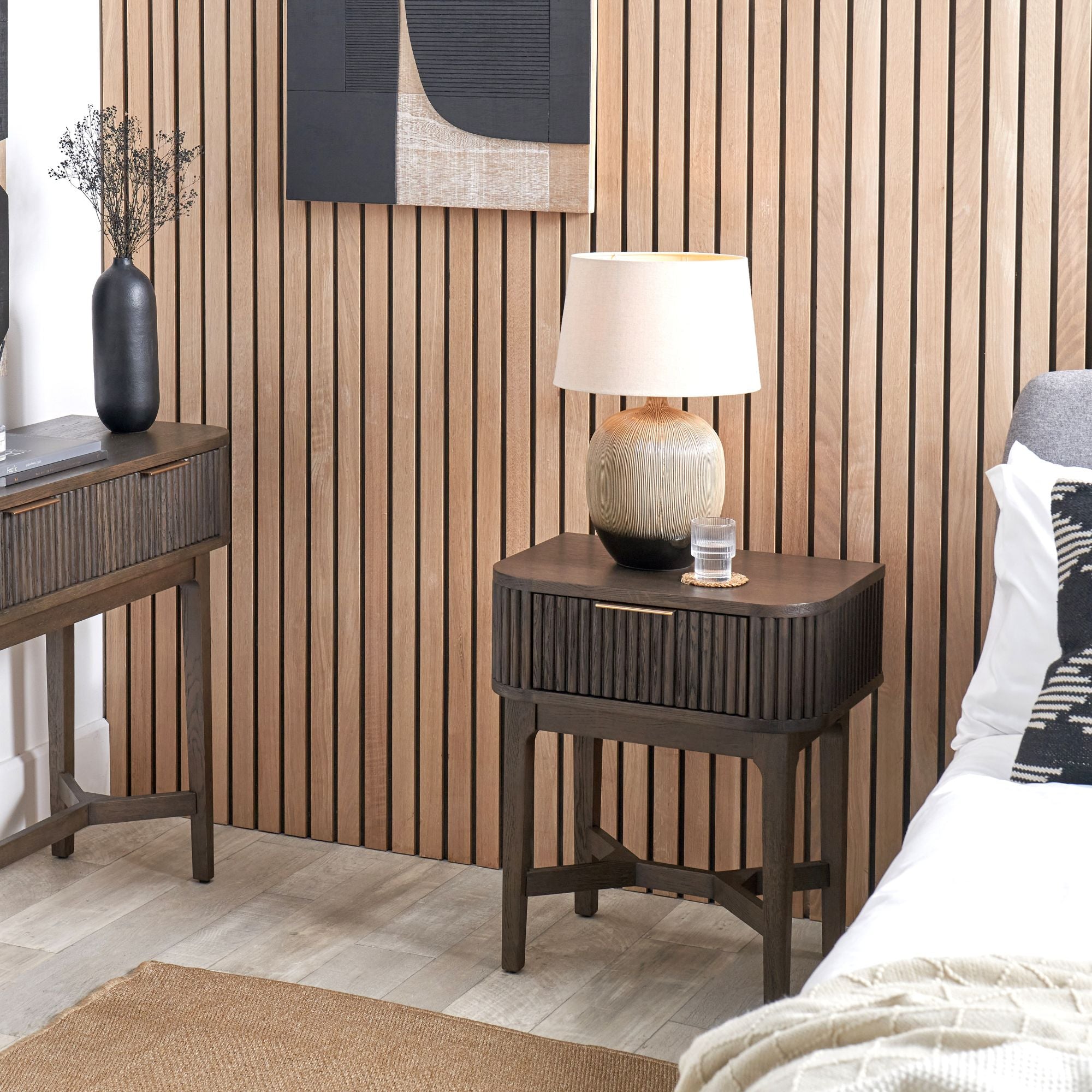 RAIE walnut finished bedside table with ribbed styling and 1 drawer | malletandplane.com