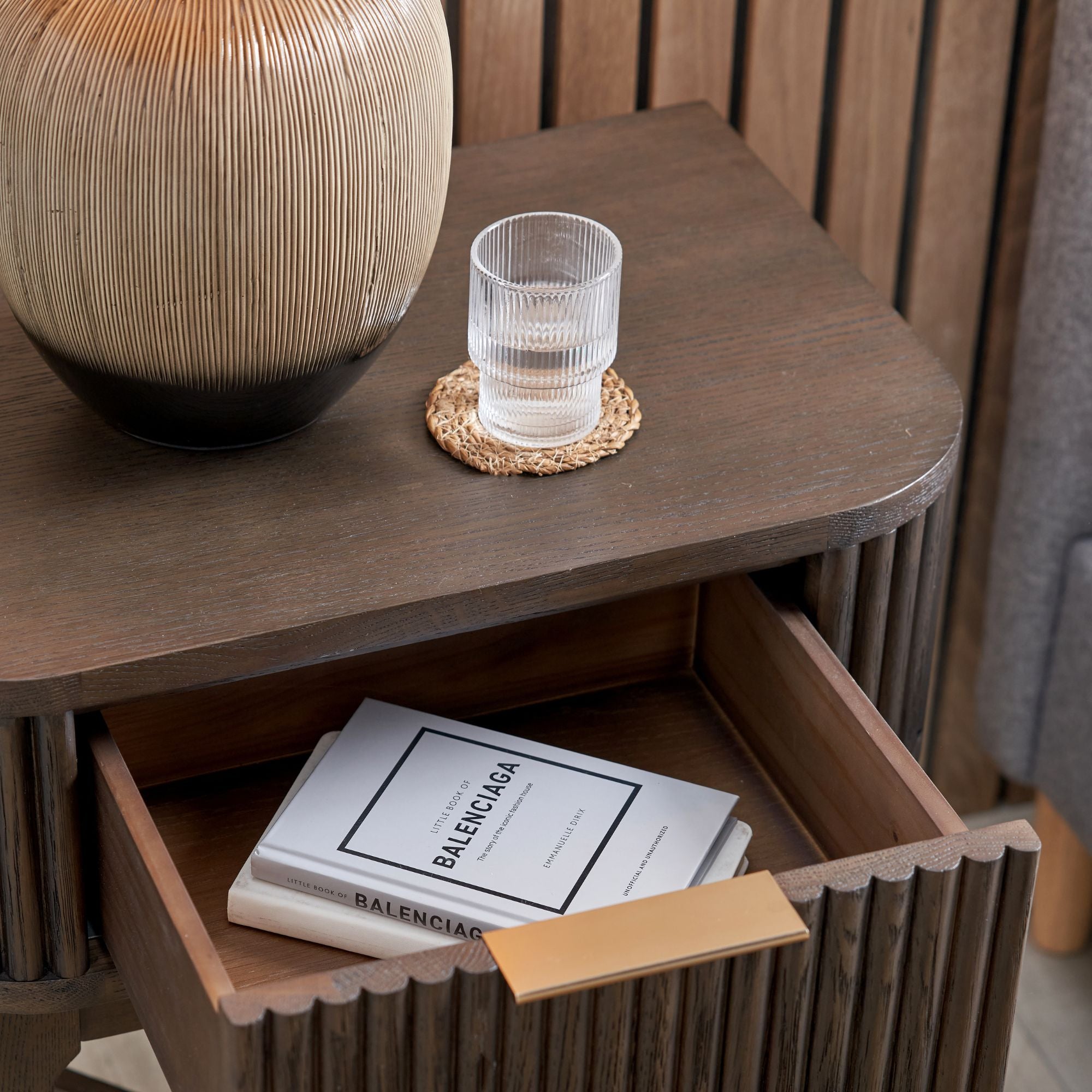 RAIE walnut finished bedside table with ribbed styling and 1 drawer | malletandplane.com