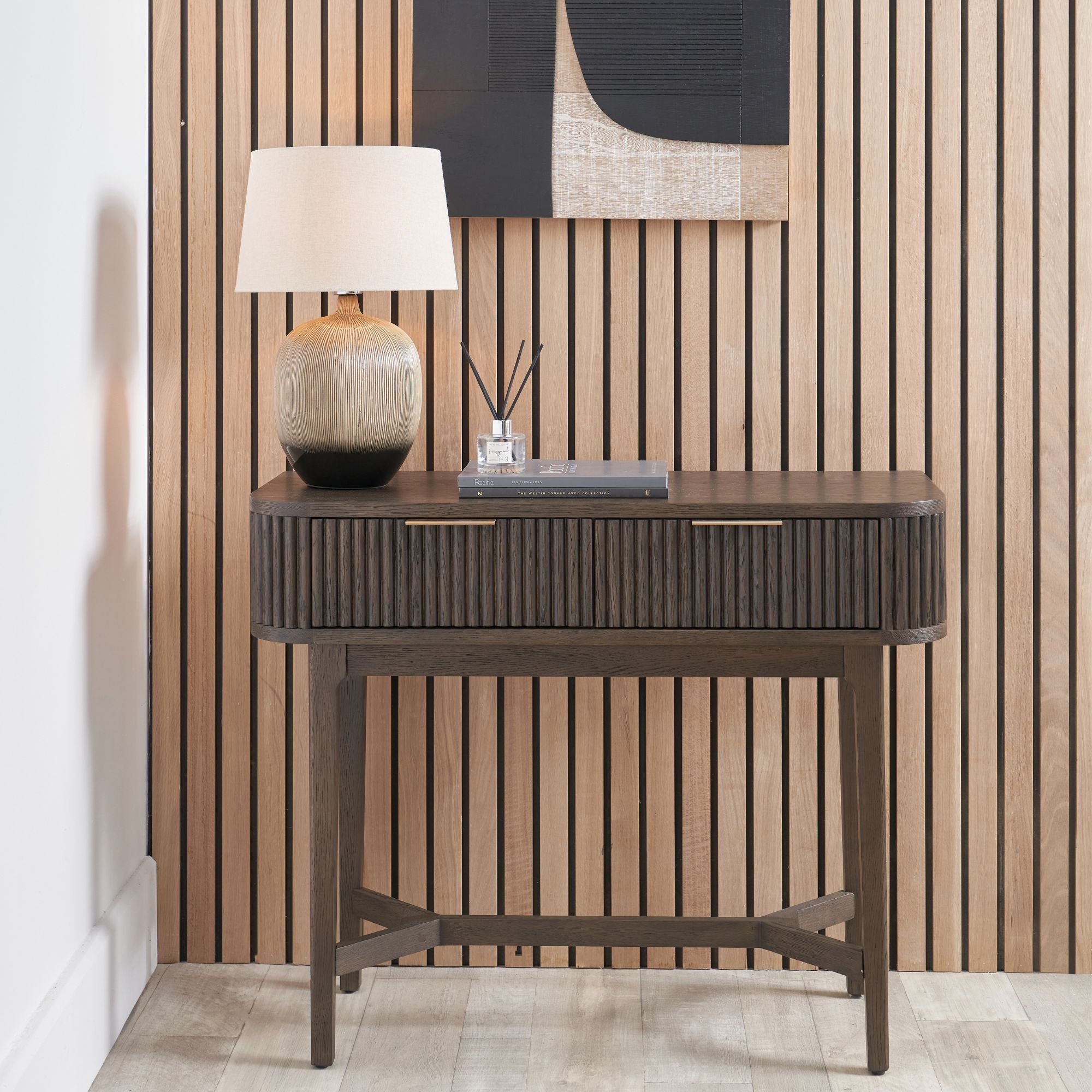 RAIE 2 drawer console table in rich walnut finish | malletandplane.com