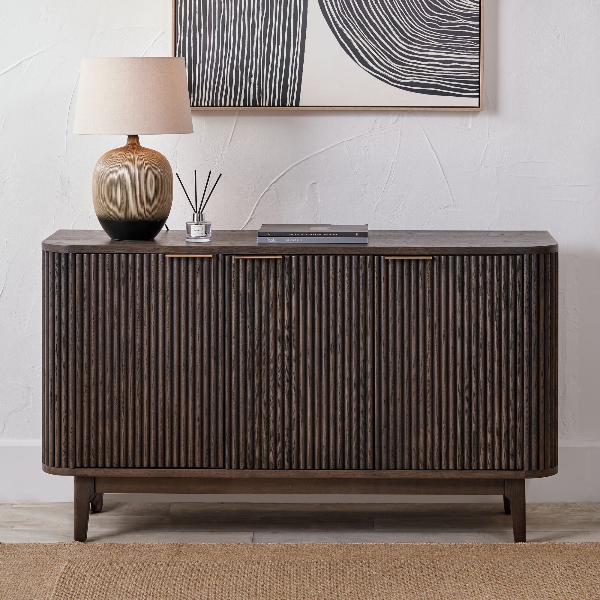 RAIE Ribbed oak and pine wood 3 door sideboard in walnut finish | malletandplane.com