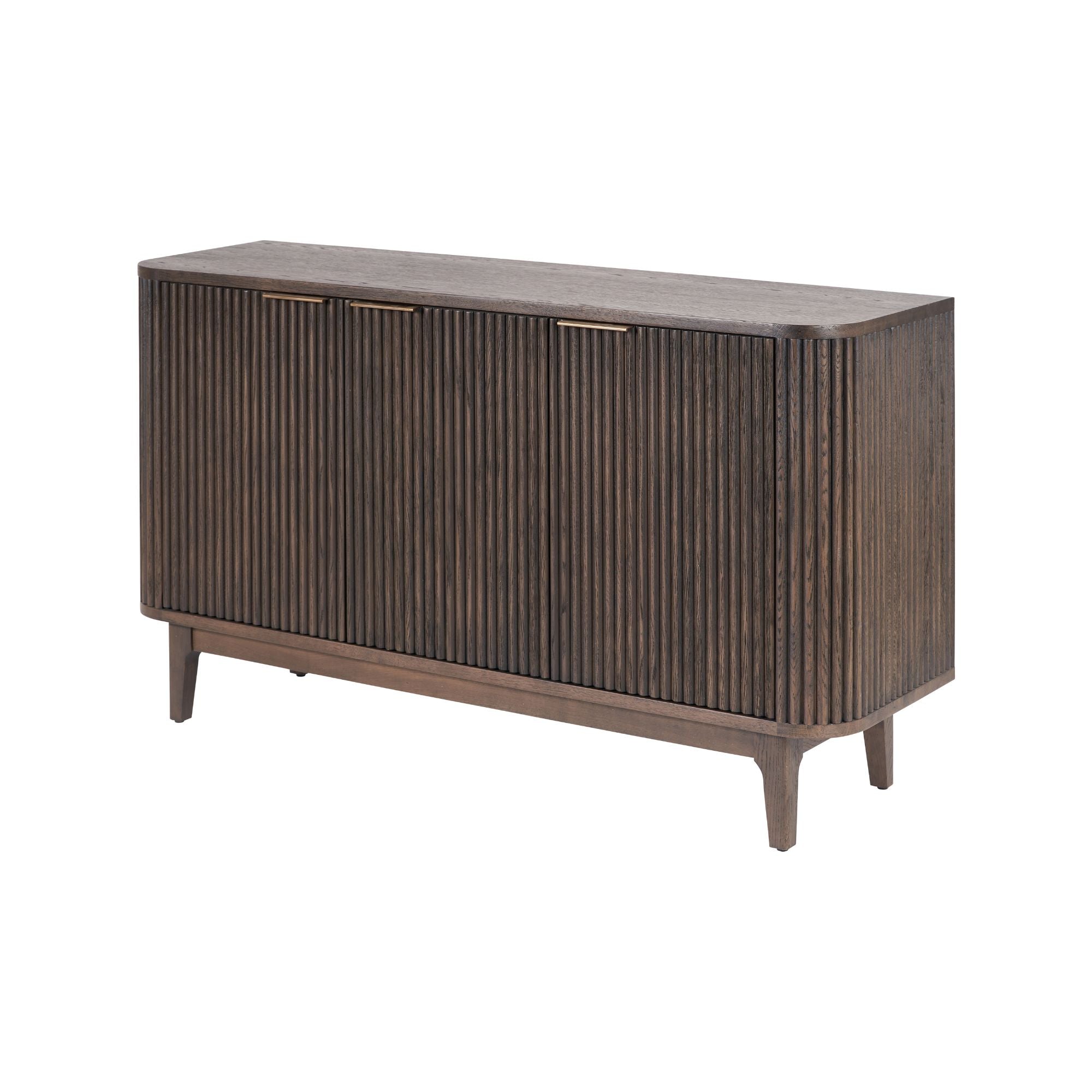 RAIE Ribbed oak and pine wood 3 door sideboard in walnut finish | malletandplane.com