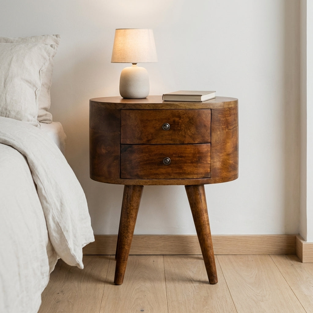 Regent Handmade Solid Wood Bedside Table with 2 Drawers in Deep Chestnut Finish