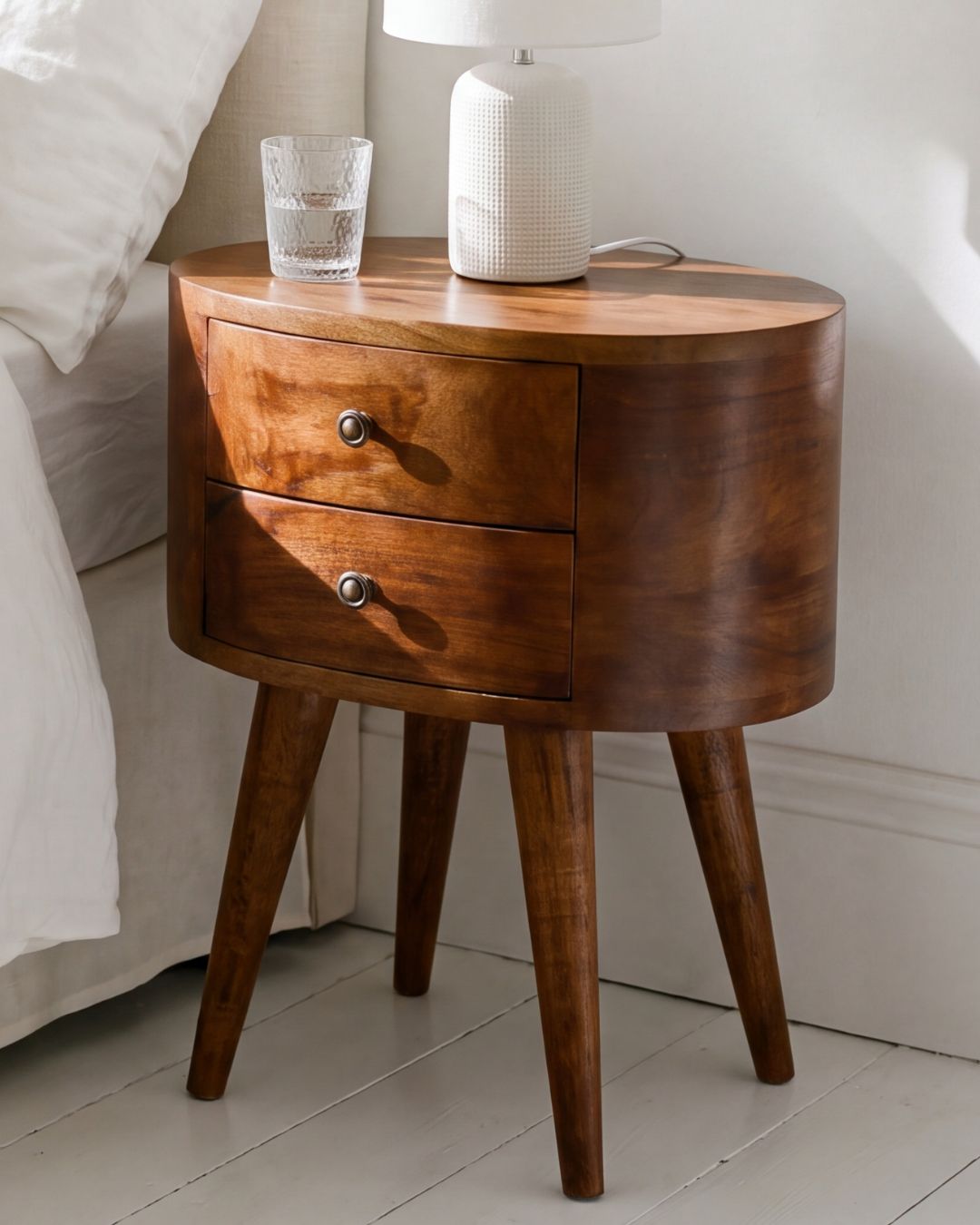 Regent Handmade Solid Wood Bedside Table with 2 Drawers in Deep Chestnut Finish