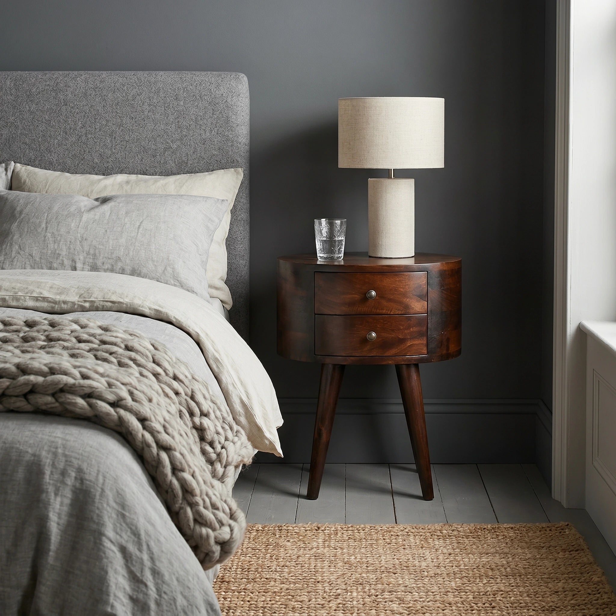 REGENT Walnut Rounded Bedside Table – 2 Drawers