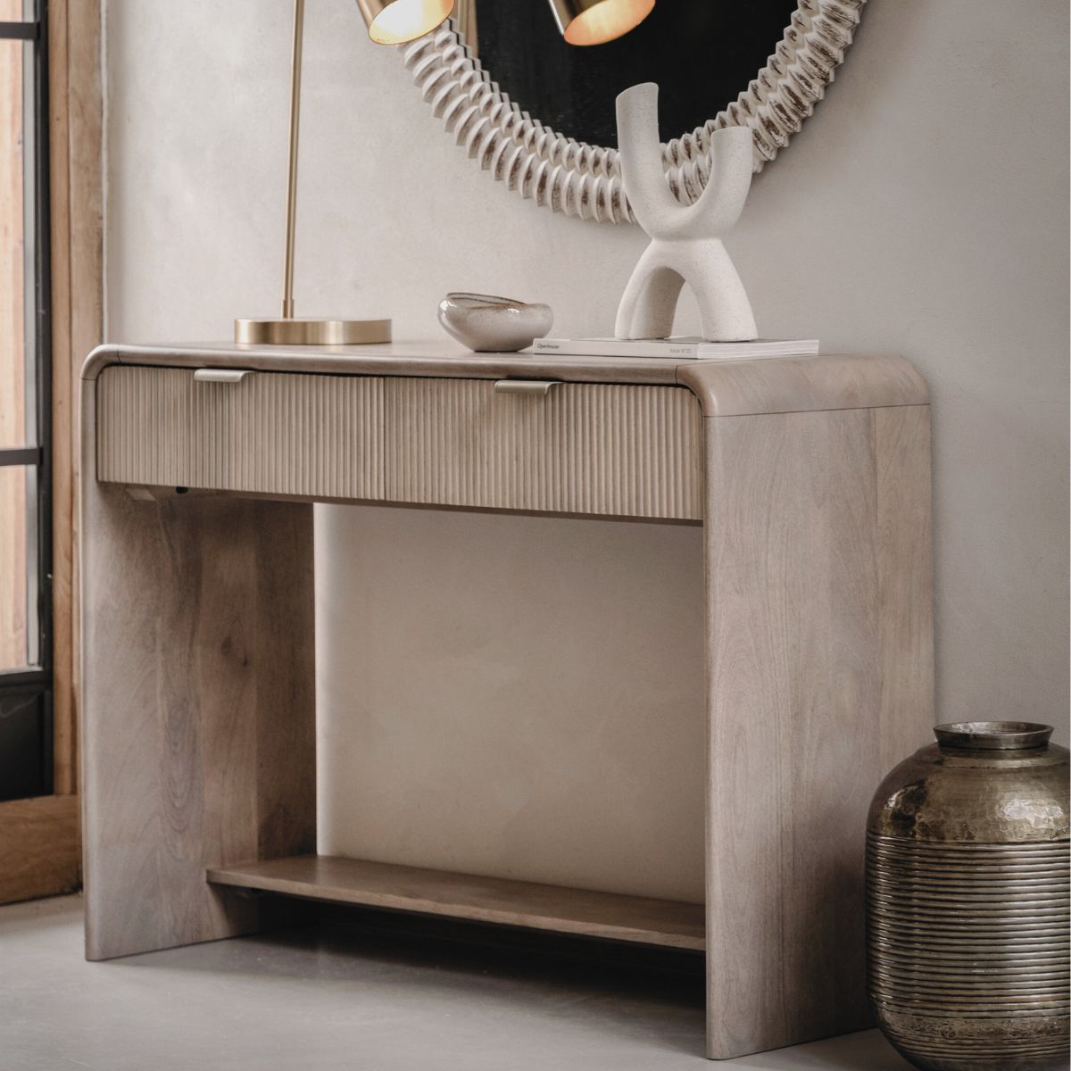 Rocca modern mango wood console table with curved edges and fluted drawers with brass hardware | malletandplane.com