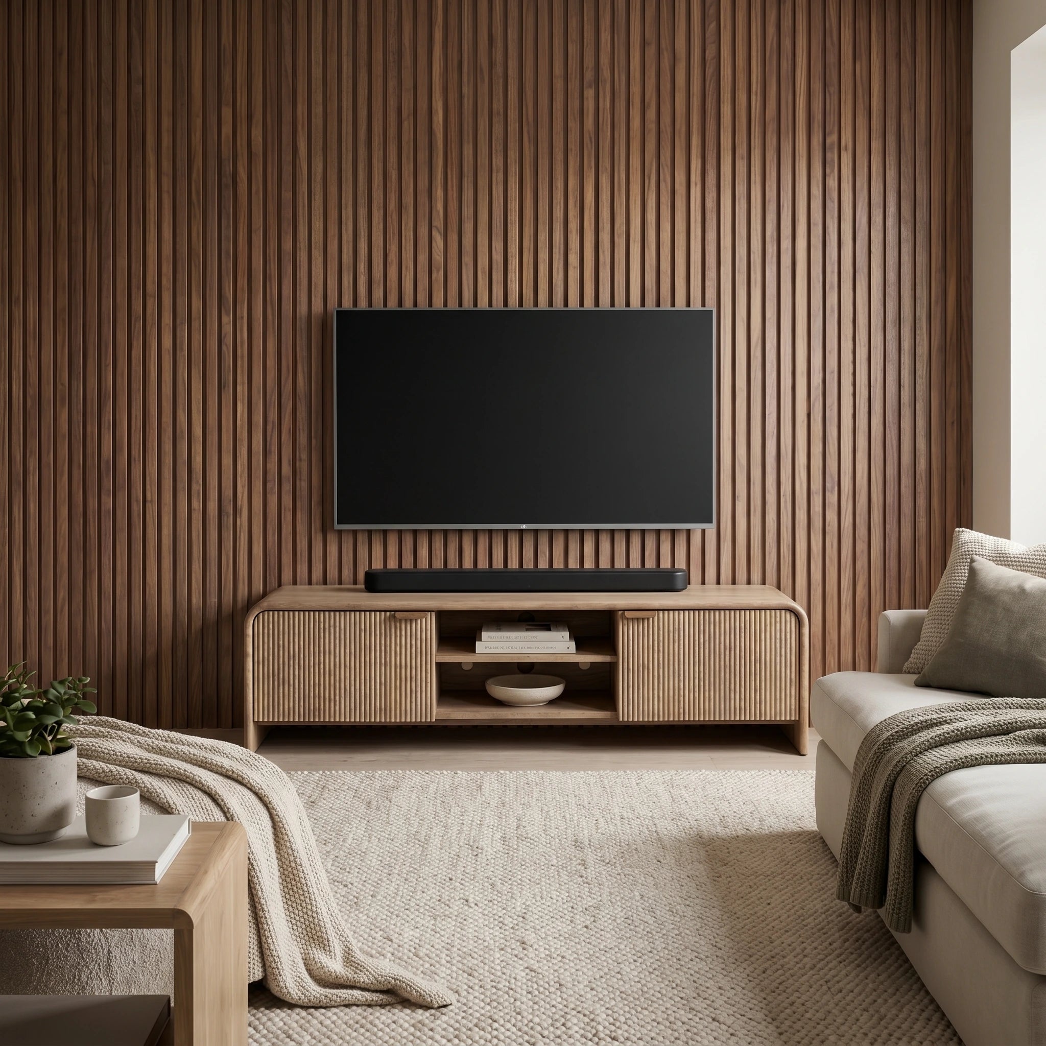Rocca mango media unit TV Stand with curved edges and fluted doors