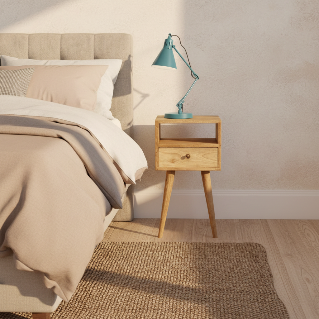 Ronan handmade solid mango wood small bedside table in a fine mango finish | malletandplane.com