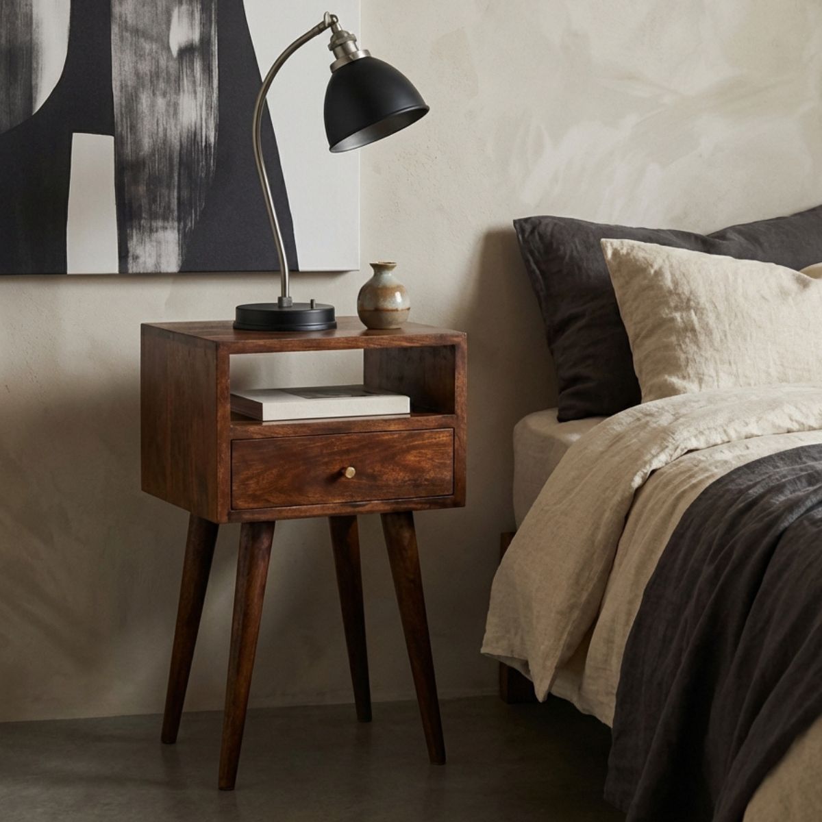 Ronan handmade solid mango wood small bedside table in a deep chestnut finish