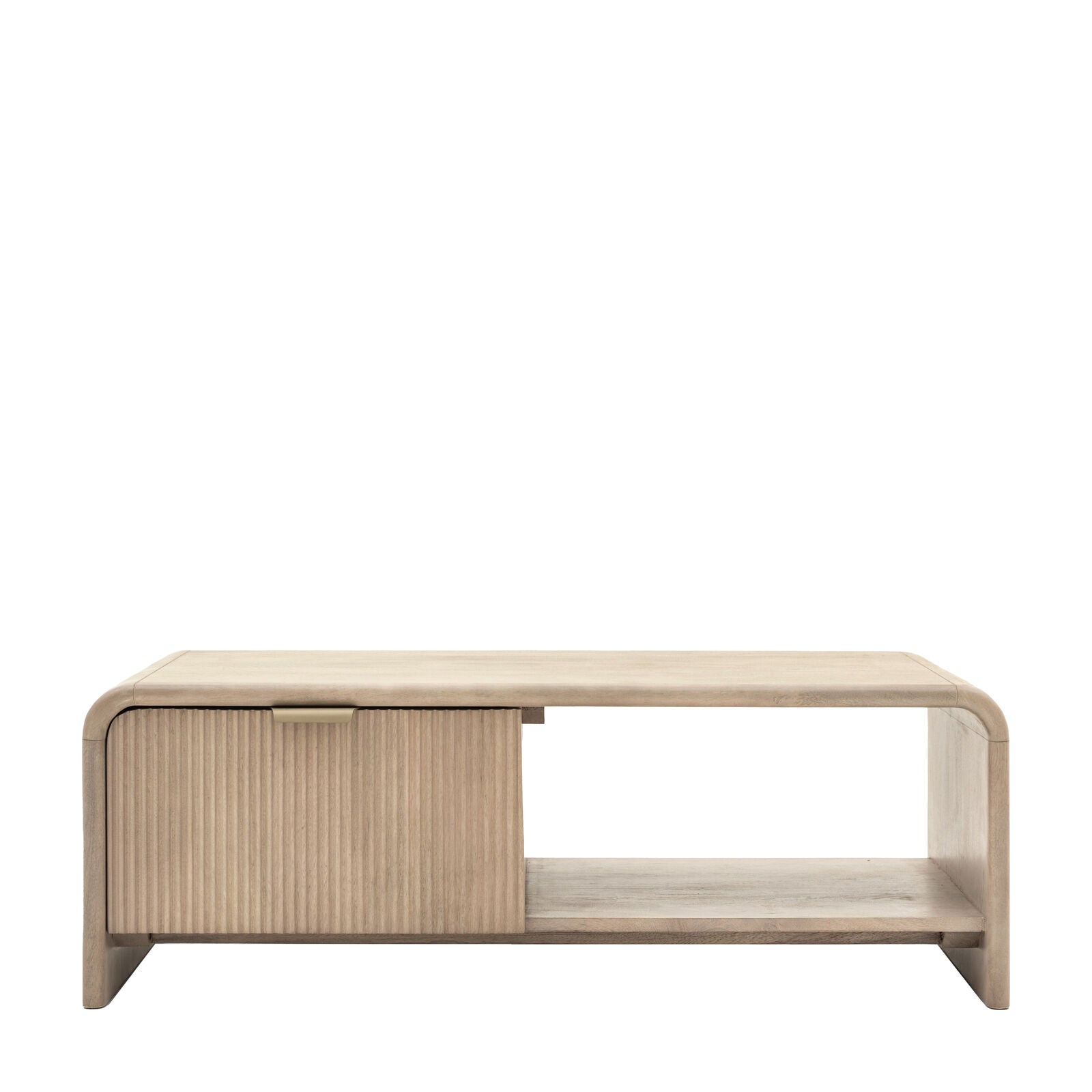 Rocca mango coffee table with curved edges, fluted drawer front and brushed brass hardware | malletandplane.com