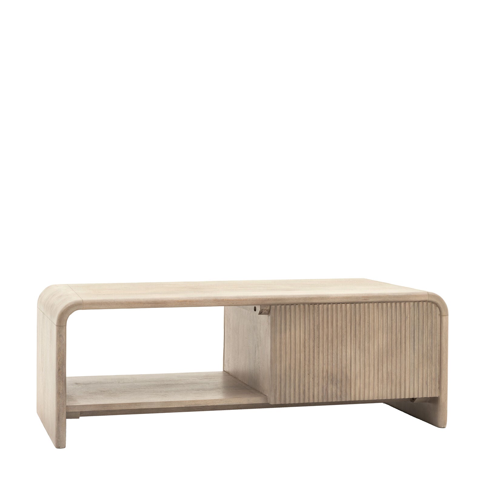 Rocca mango coffee table with curved edges, fluted drawer front and brushed brass hardware | malletandplane.com