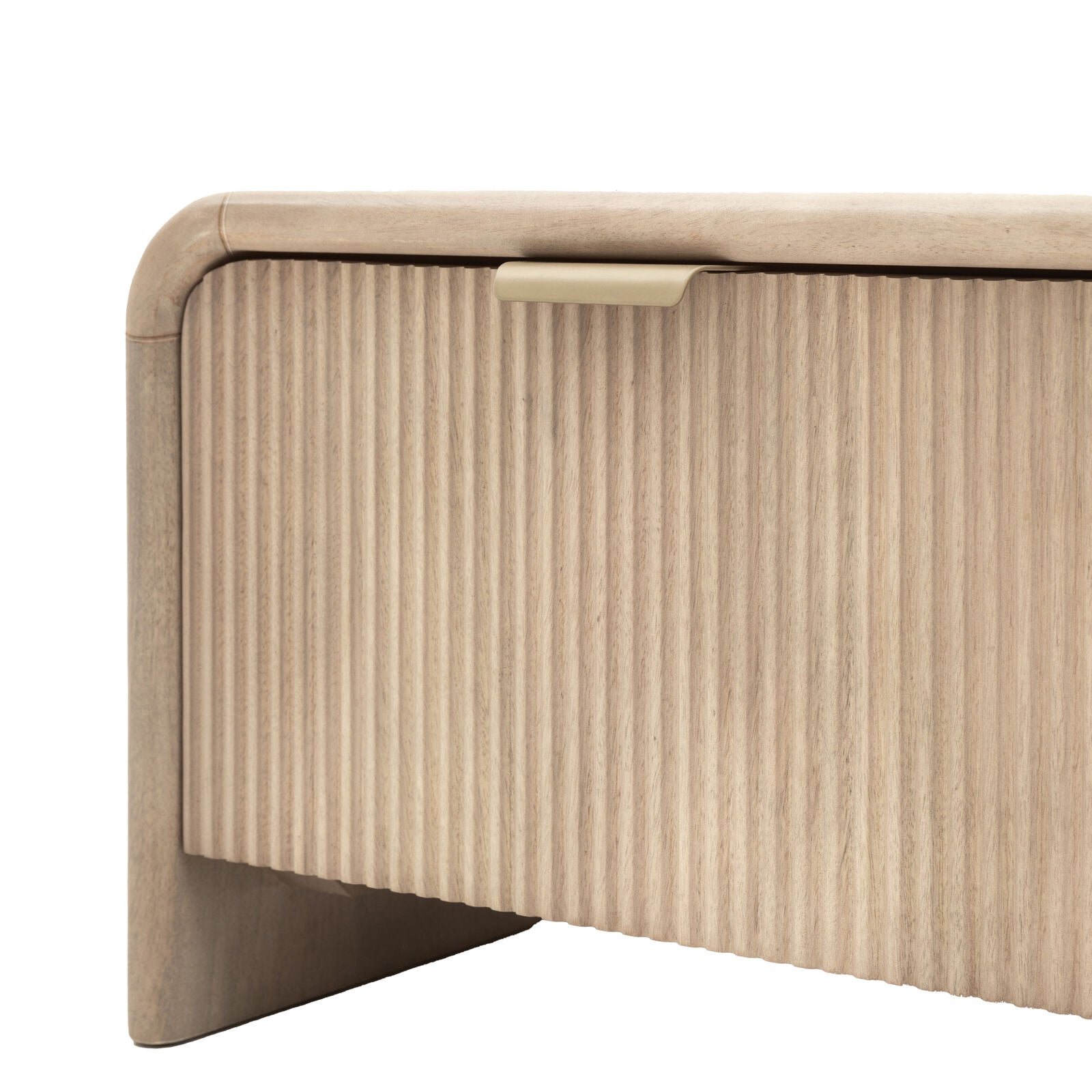 Rocca mango coffee table with curved edges, fluted drawer front and brushed brass hardware | malletandplane.com