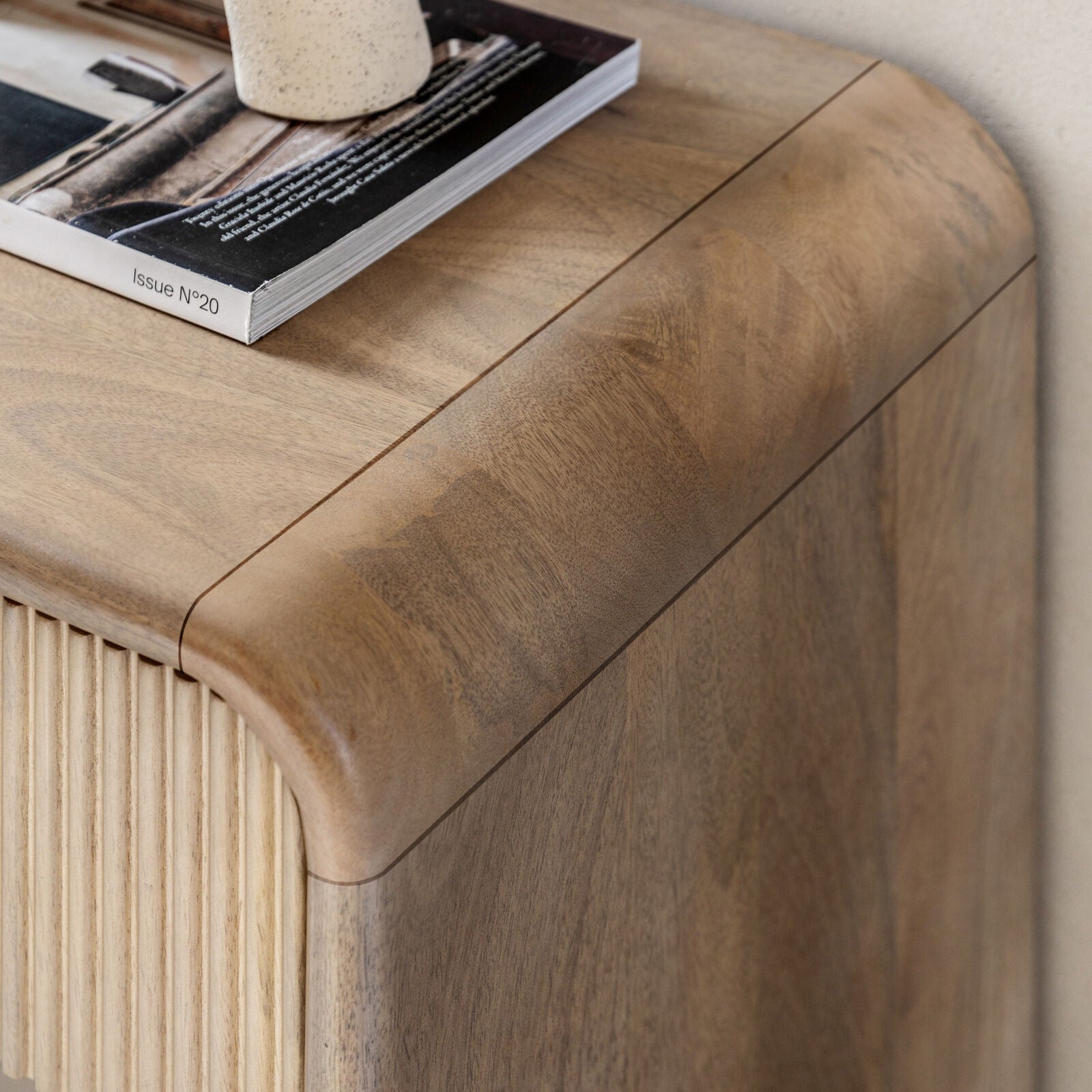 Rocca modern mango wood console table with curved edges and fluted drawers with brass hardware | malletandplane.com