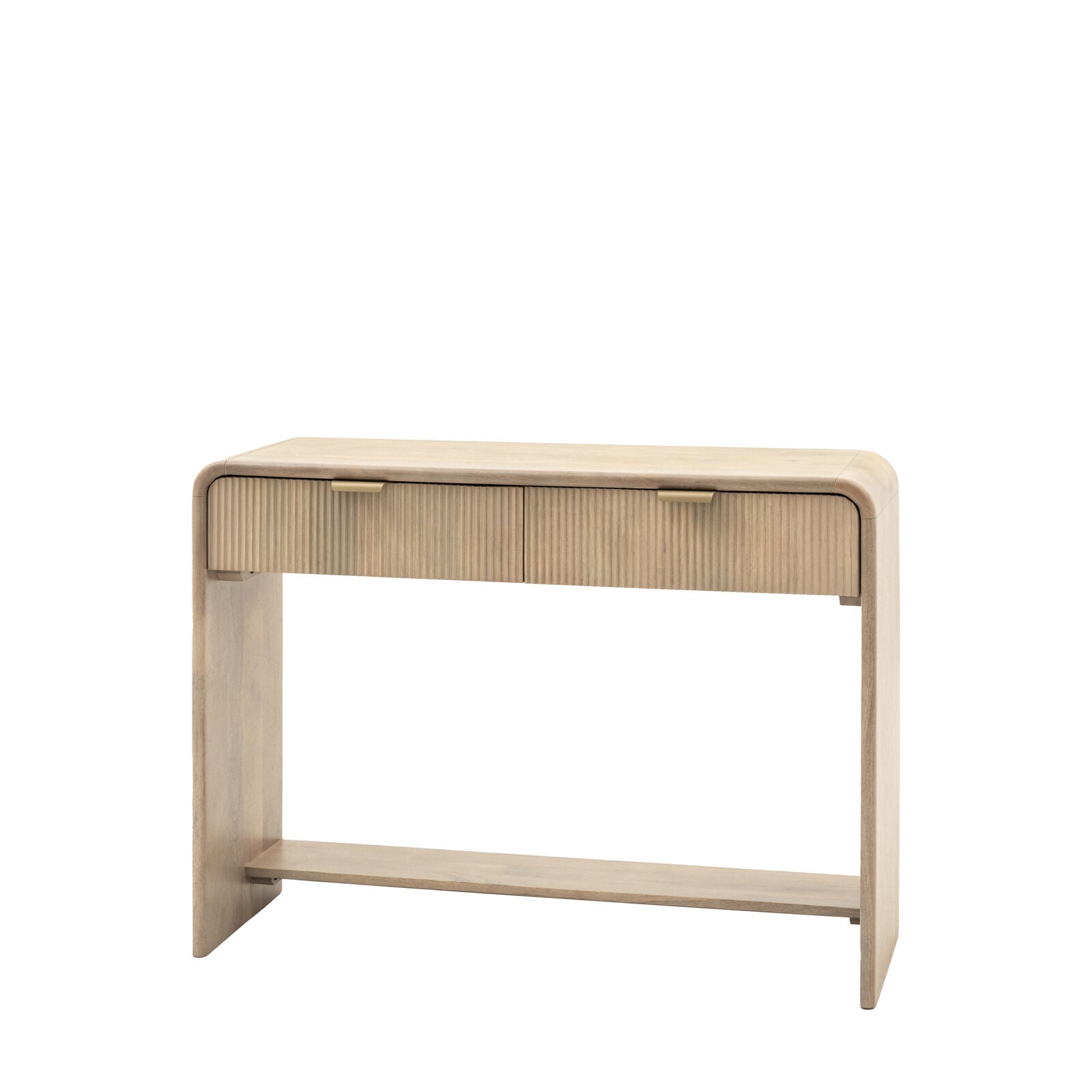 Rocca modern mango wood console table with curved edges and fluted drawers with brass hardware | malletandplane.com